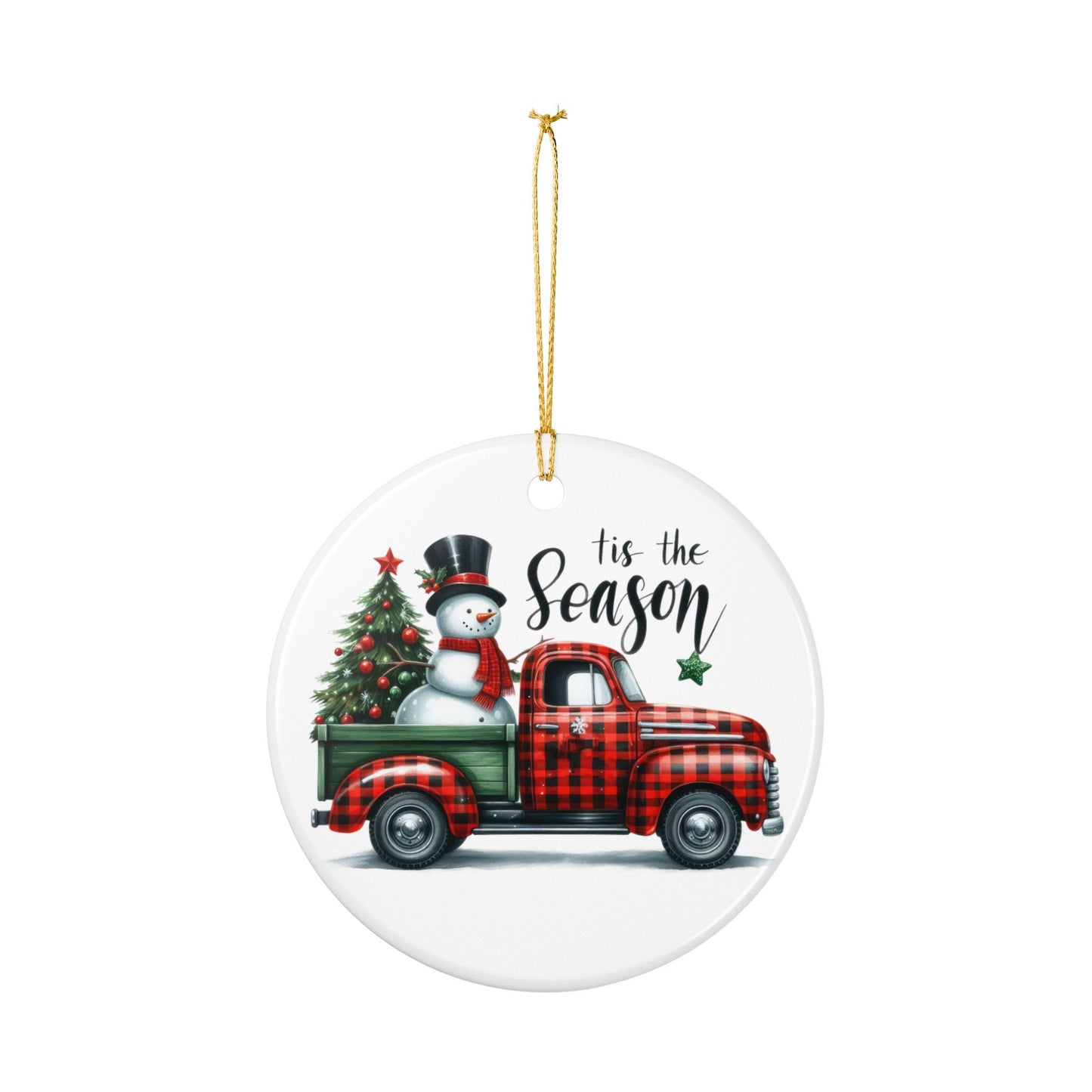 Ceramic Ornament - Plaid Truck Christmas Tree with Snowman, "’Tis the Season" Holiday Decoration