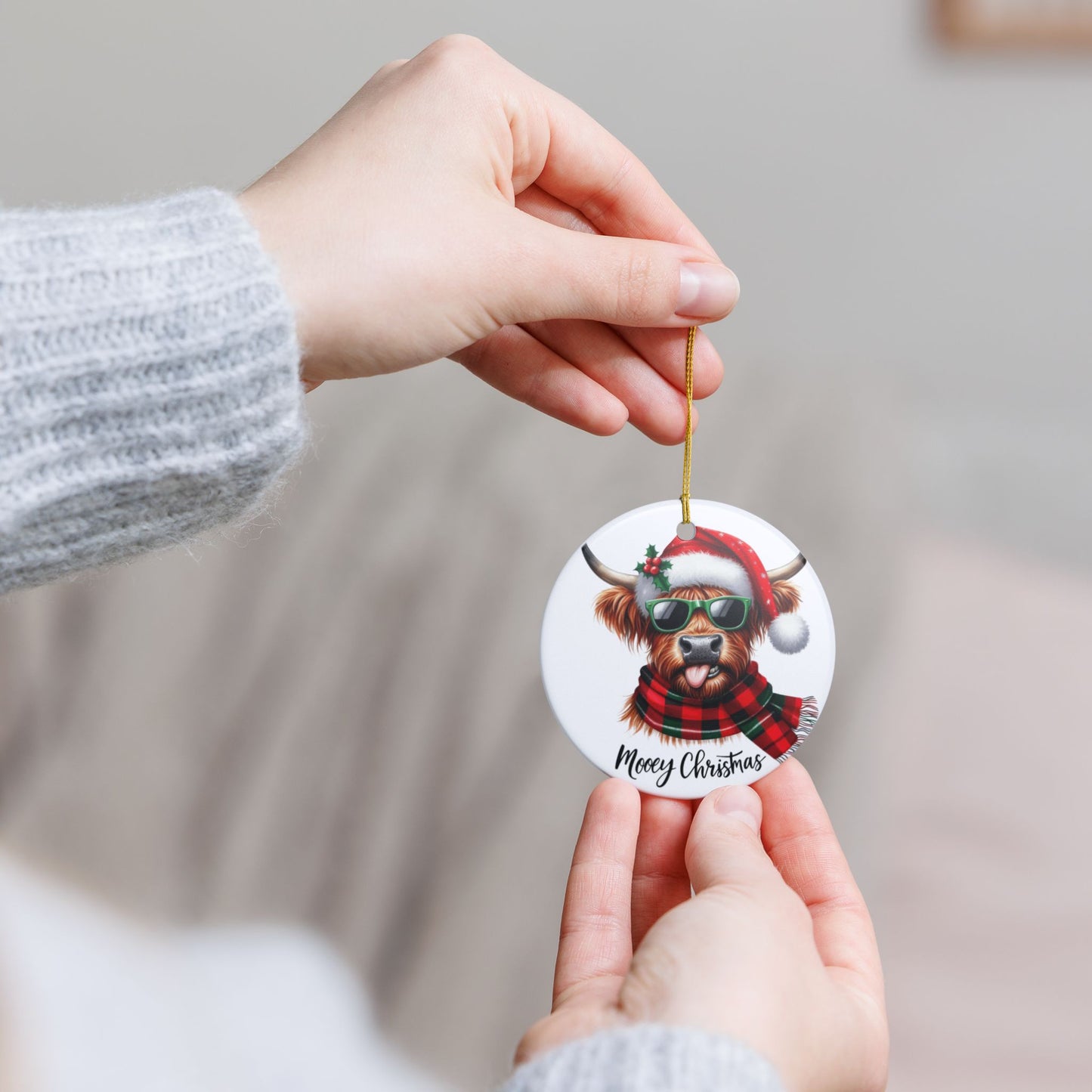 Highland Cow 'Mooey Christmas' Ceramic Ornament — Cute Holiday Tree Decoration