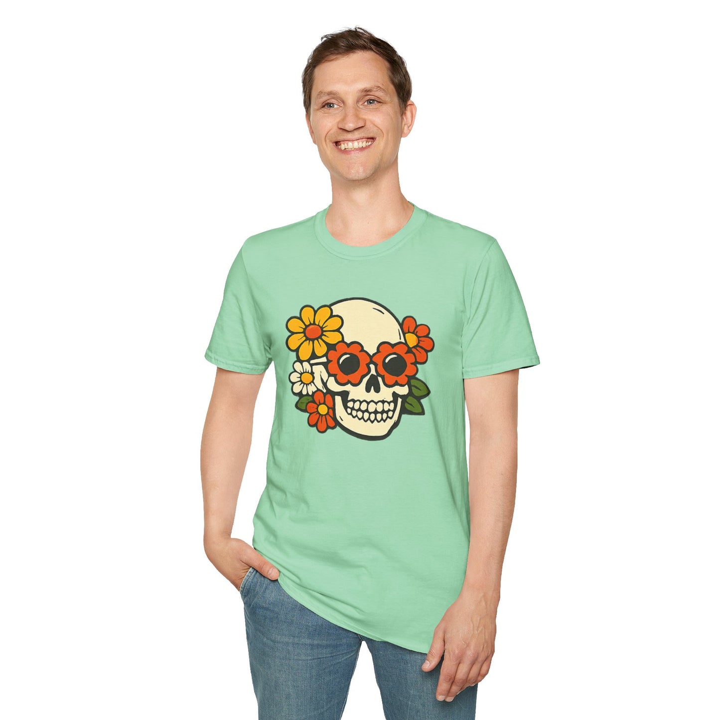 Retro Flower Power Skull T-Shirt — Vintage Floral Skull Tee