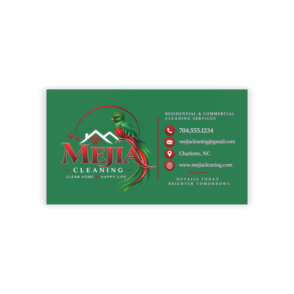 Green Business Cards — Mejia Cleaning Branded Parrot Logo Card