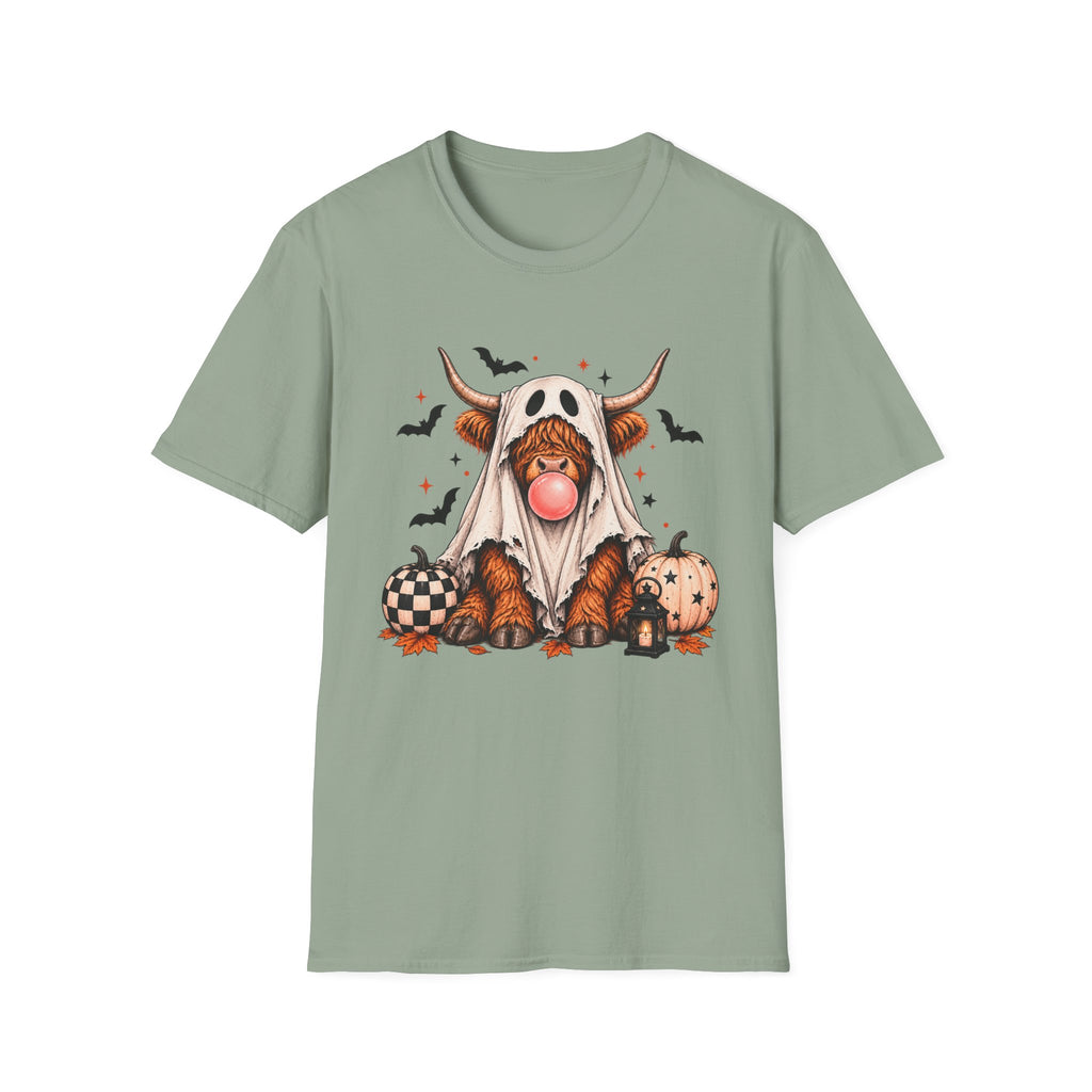 Spooky Highland Cow Ghost Halloween Tee – Bubblegum & Pumpkins