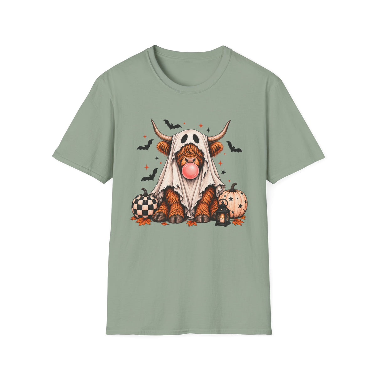 Spooky Highland Cow Ghost Halloween Tee – Bubblegum & Pumpkins