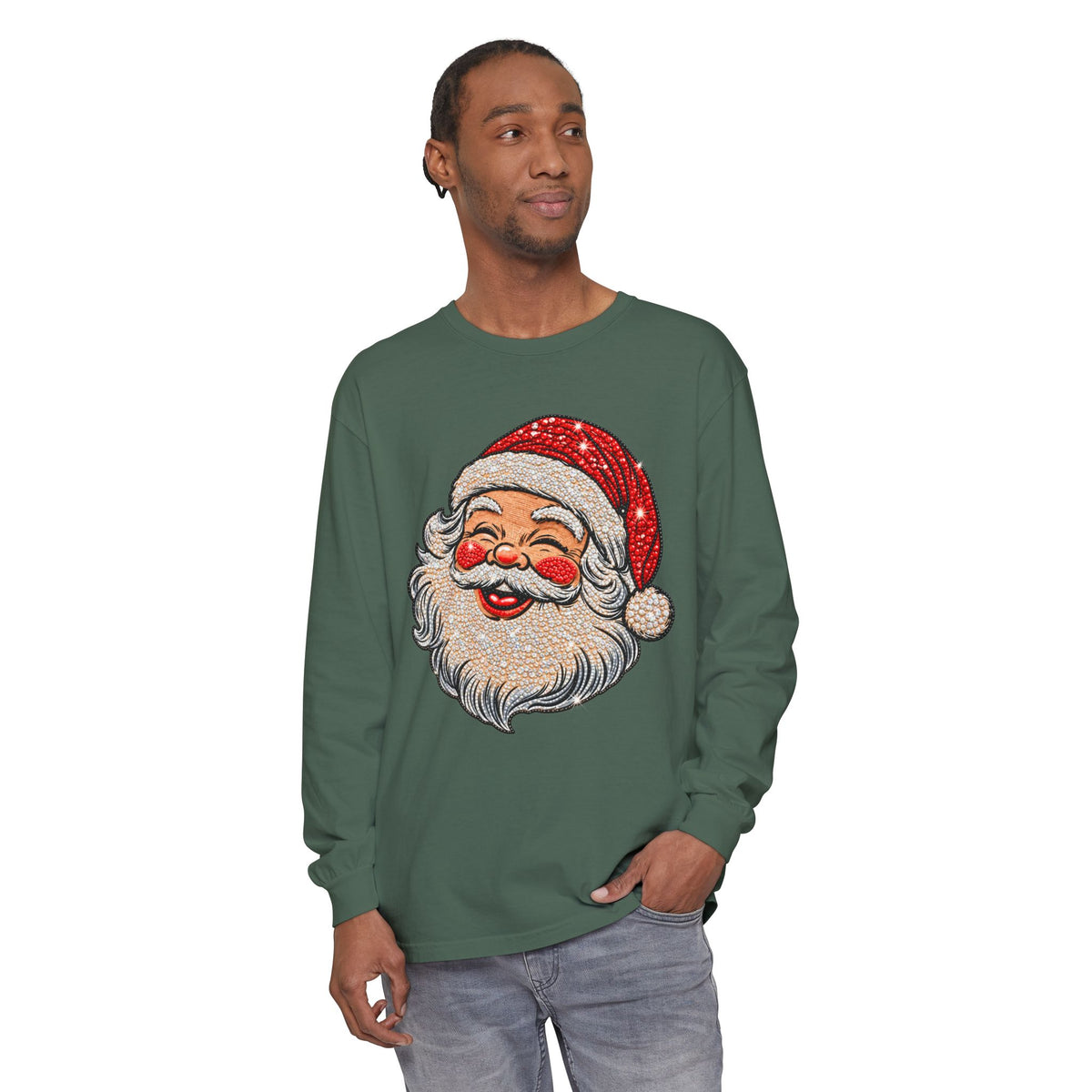 Sparkling Rhinestone Santa Christmas Long Sleeve Tee