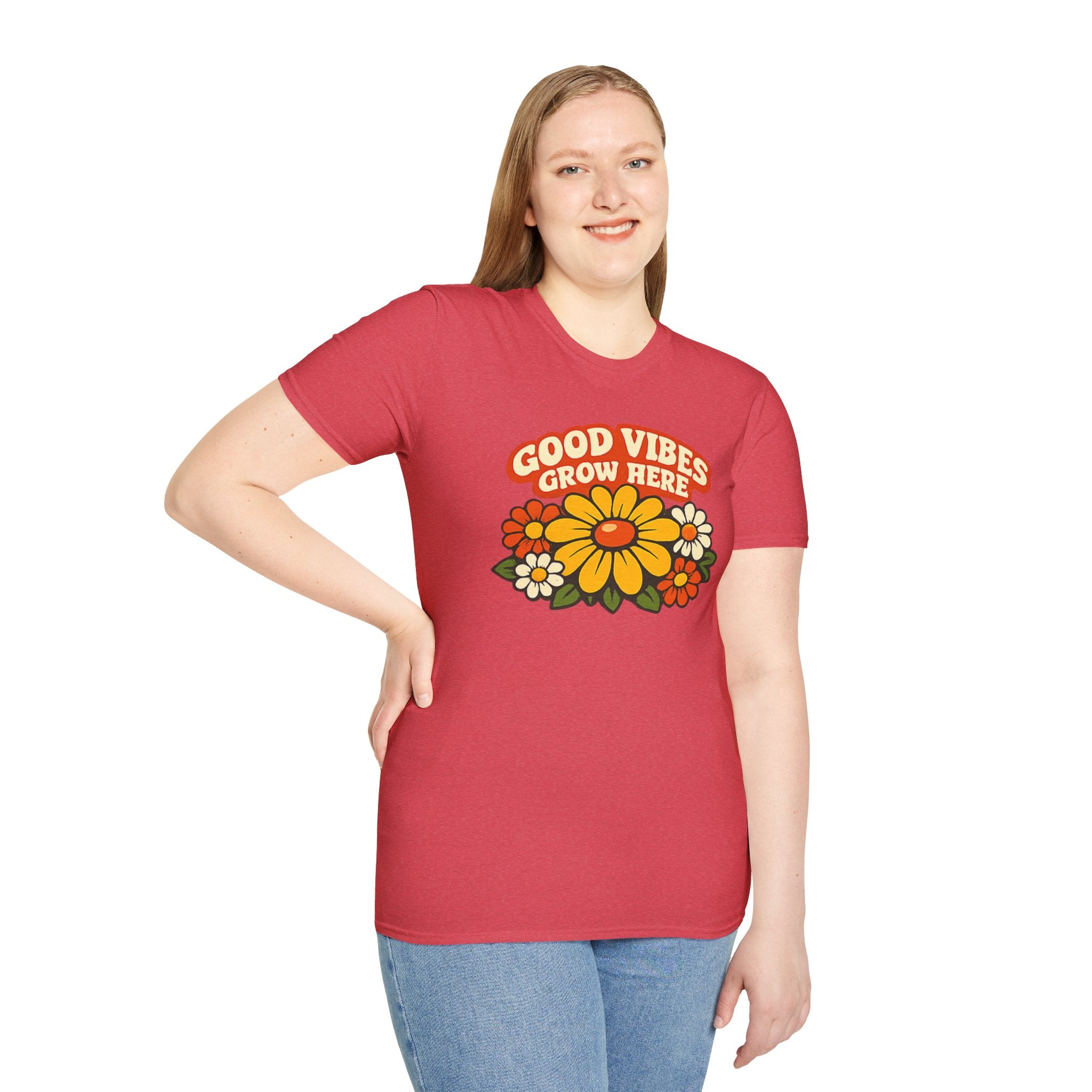 Good Vibes Grow Here Retro T-Shirt — 60s/70s Vintage Floral Tee