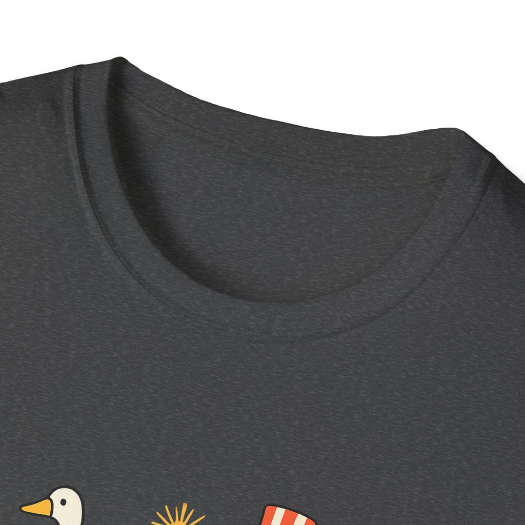 Americas 250th Patriotic Goose Parade T-Shirt — USA Hot Dog, Soldier & Statue of Liberty Graphic