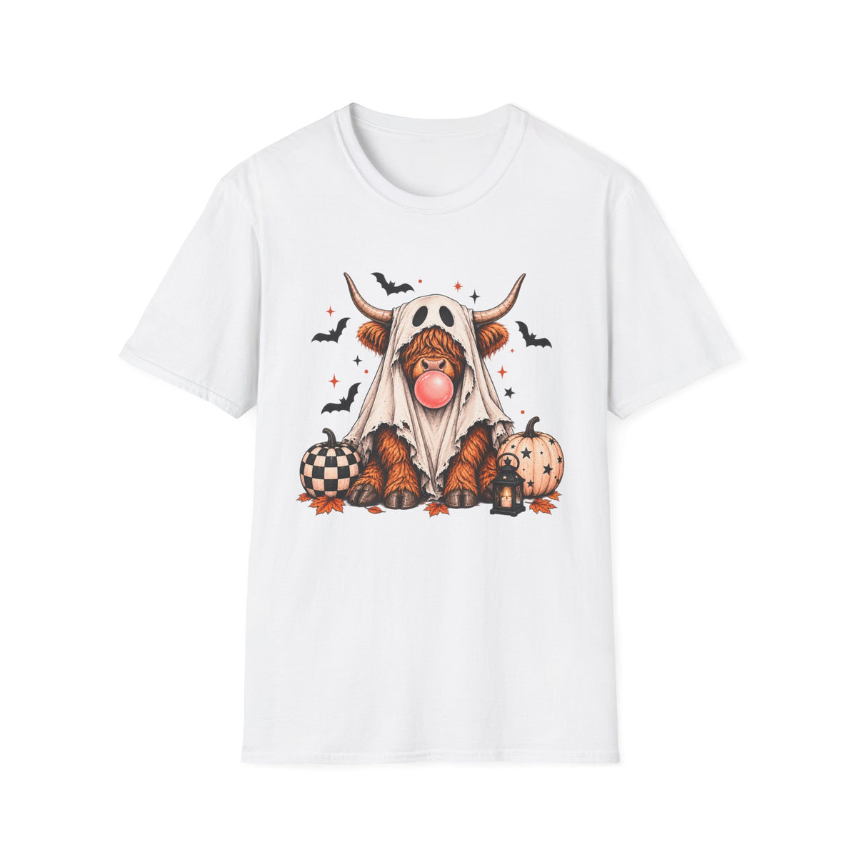 Spooky Highland Cow Ghost Halloween Tee – Bubblegum & Pumpkins