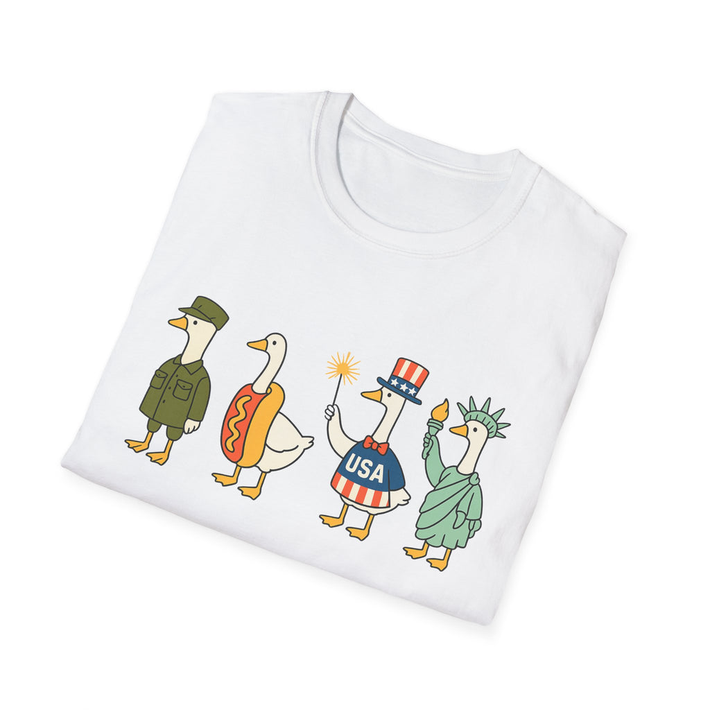 Americas 250th Patriotic Goose Parade T-Shirt — USA Hot Dog, Soldier & Statue of Liberty Graphic
