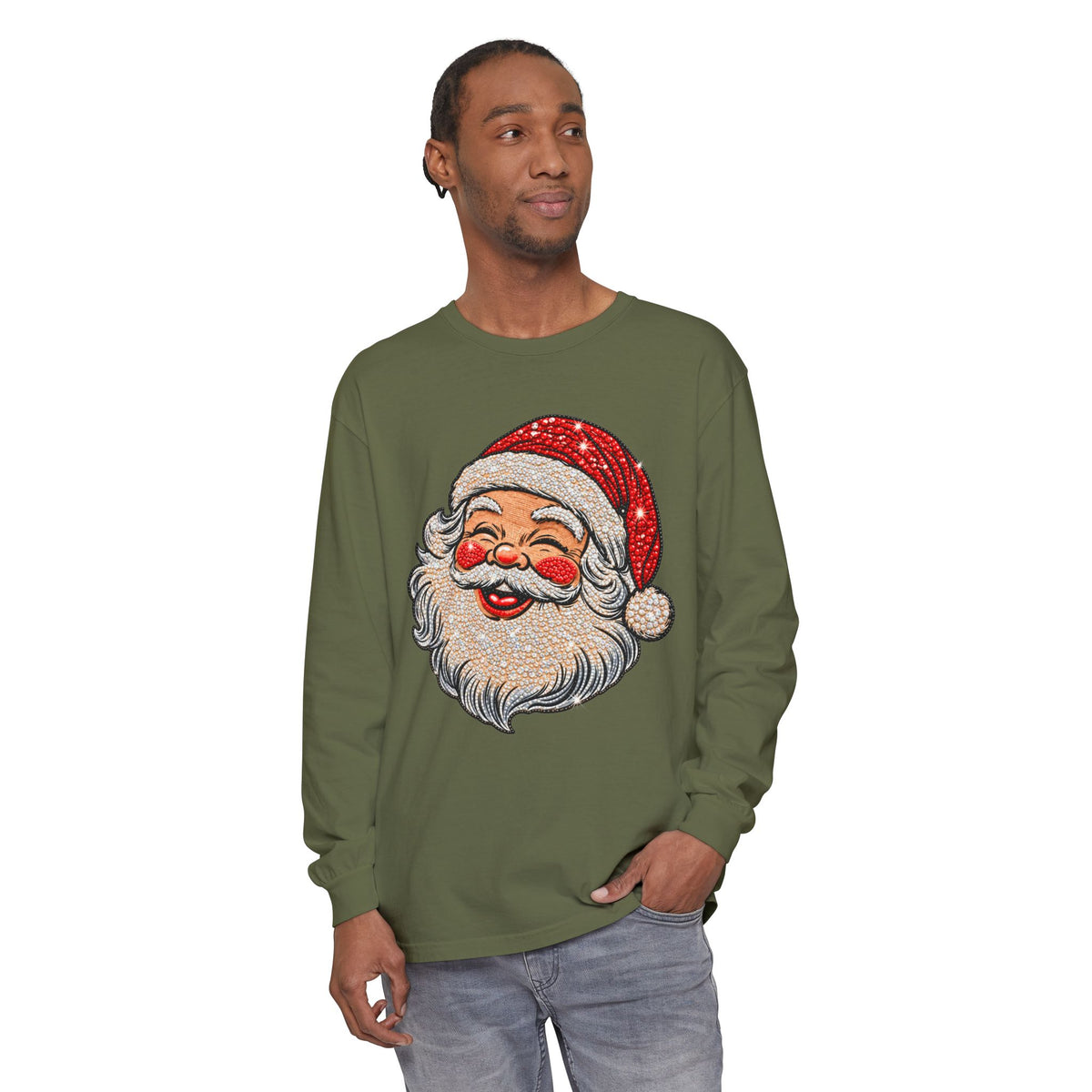 Sparkling Rhinestone Santa Christmas Long Sleeve Tee