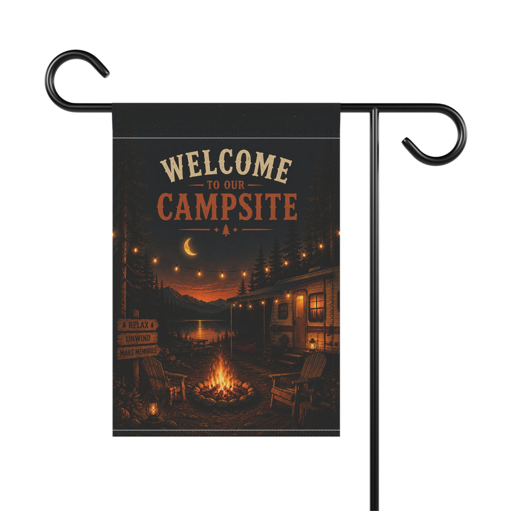 Welcome to Our Campsite Garden Flag — Outdoor Camping Nightfire House Banner