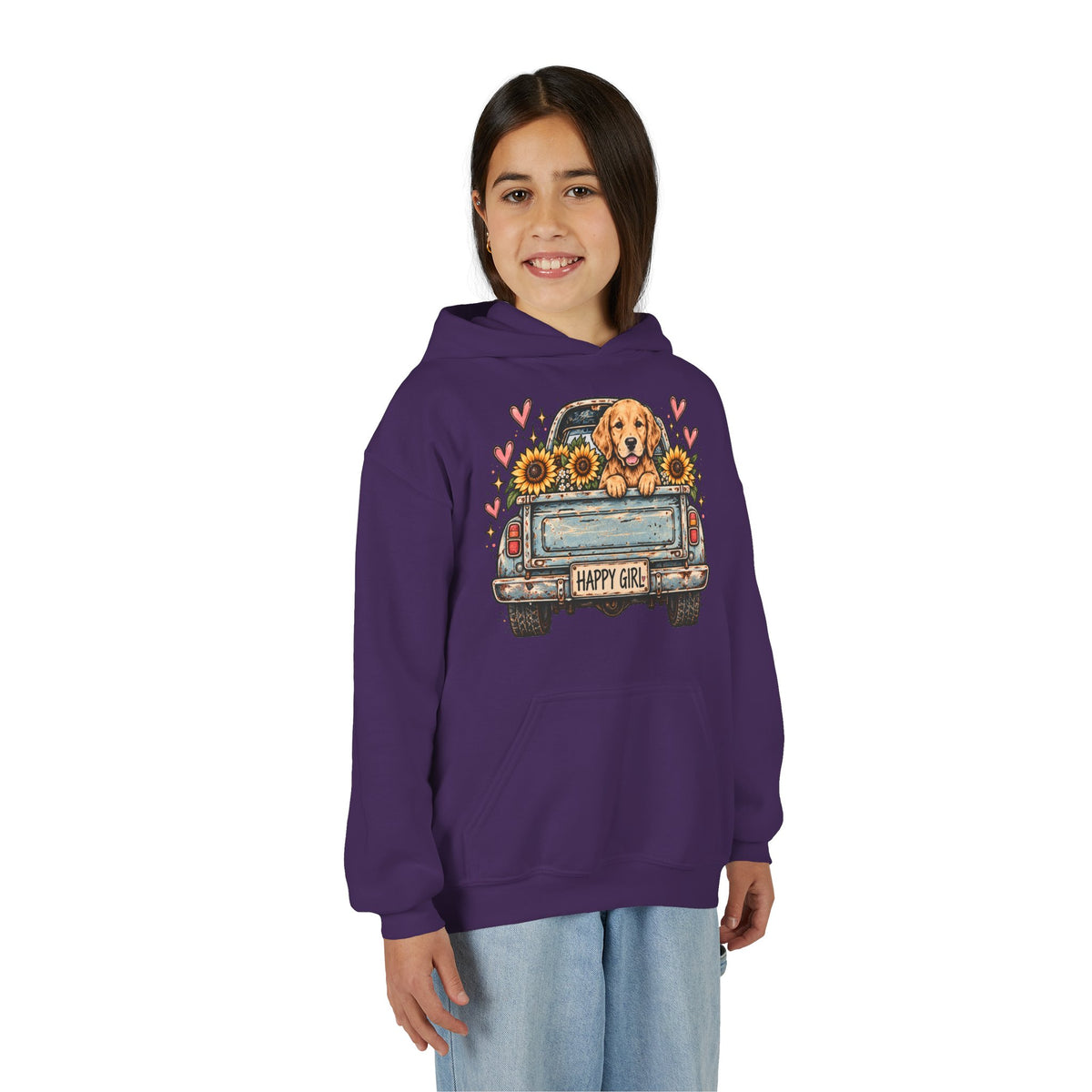Happy Girl Golden Retriever & Pickup Kids Hoodie