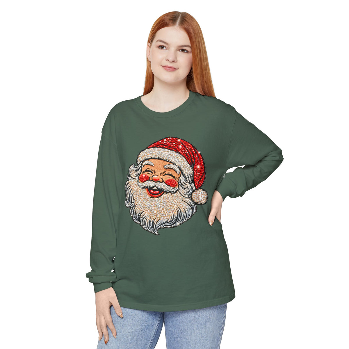 Sparkling Rhinestone Santa Christmas Long Sleeve Tee