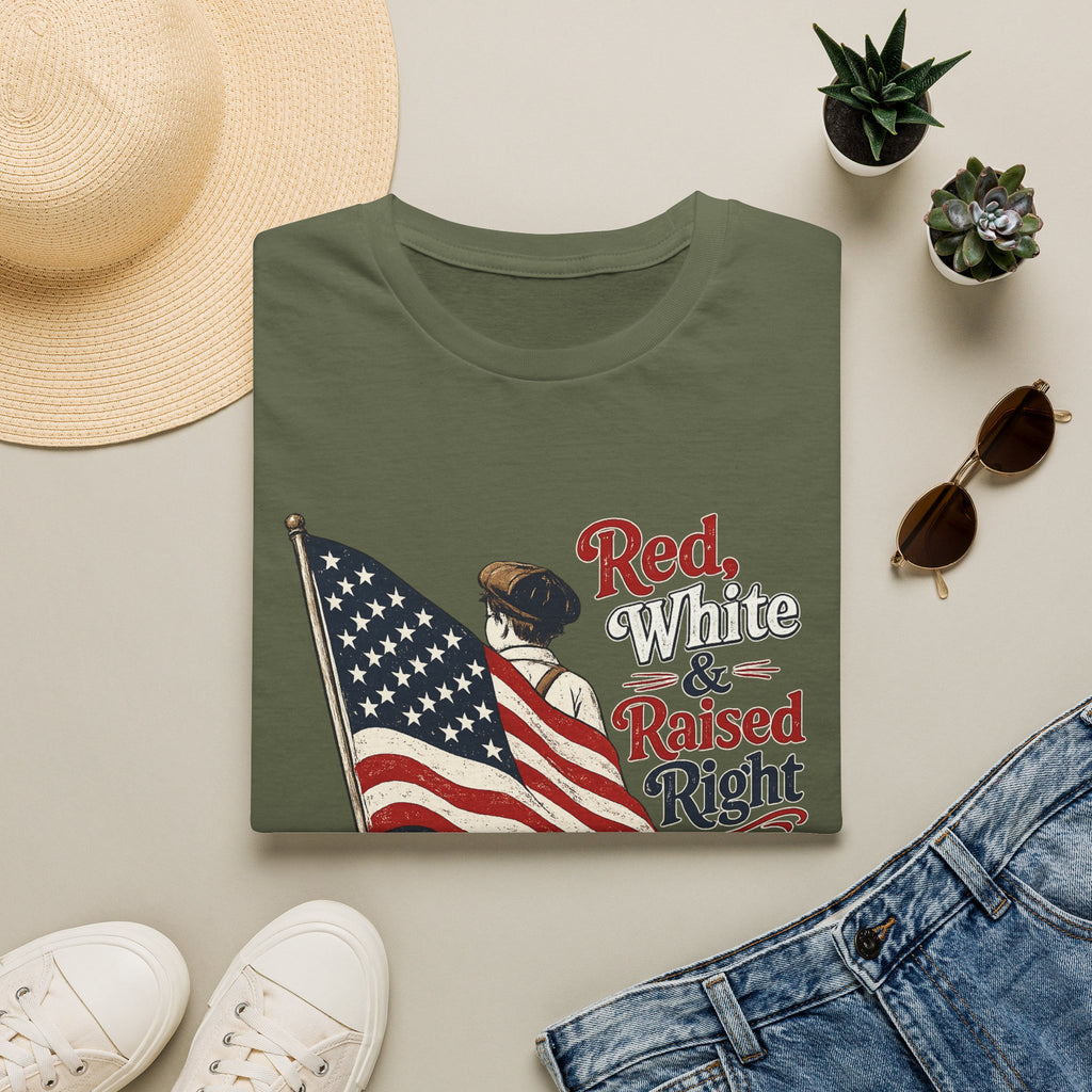 T-Shirt — "Red, White & Raised Right" Patriotic Flag Retro Tee