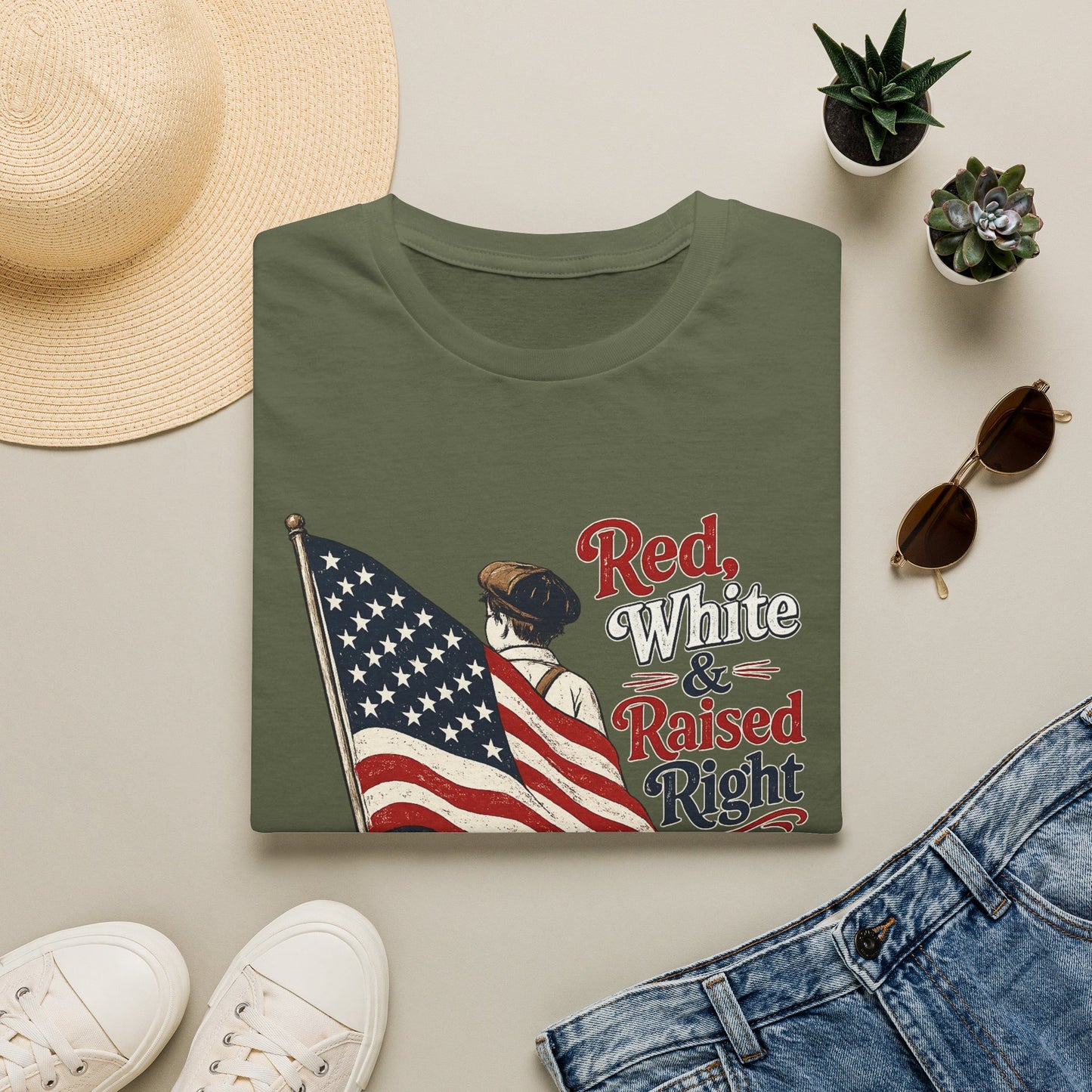 T-Shirt — "Red, White & Raised Right" Patriotic Flag Kids Retro Tee