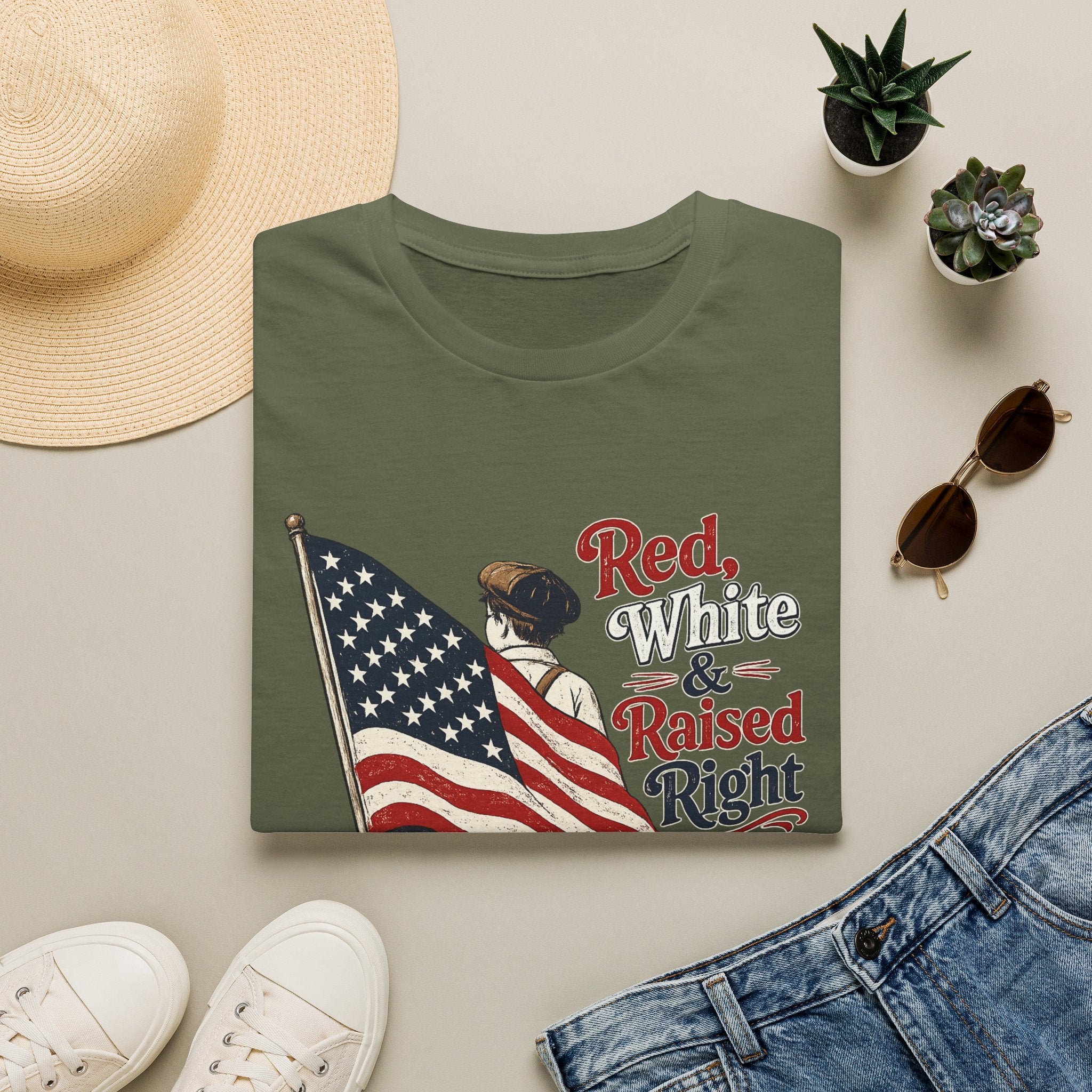T-Shirt — "Red, White & Raised Right" Patriotic Flag Retro Tee