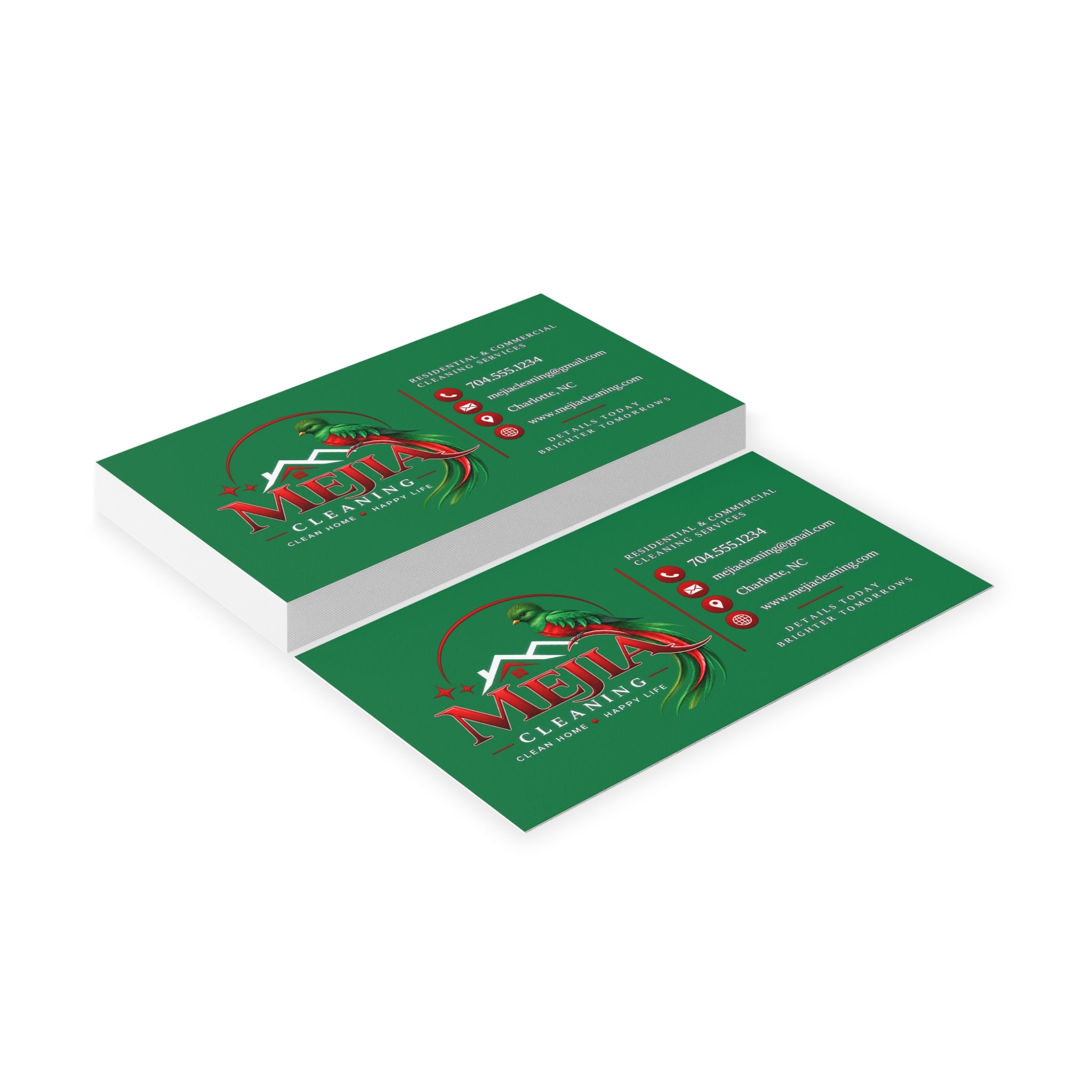 Green Business Cards — Mejia Cleaning Branded Parrot Logo Card