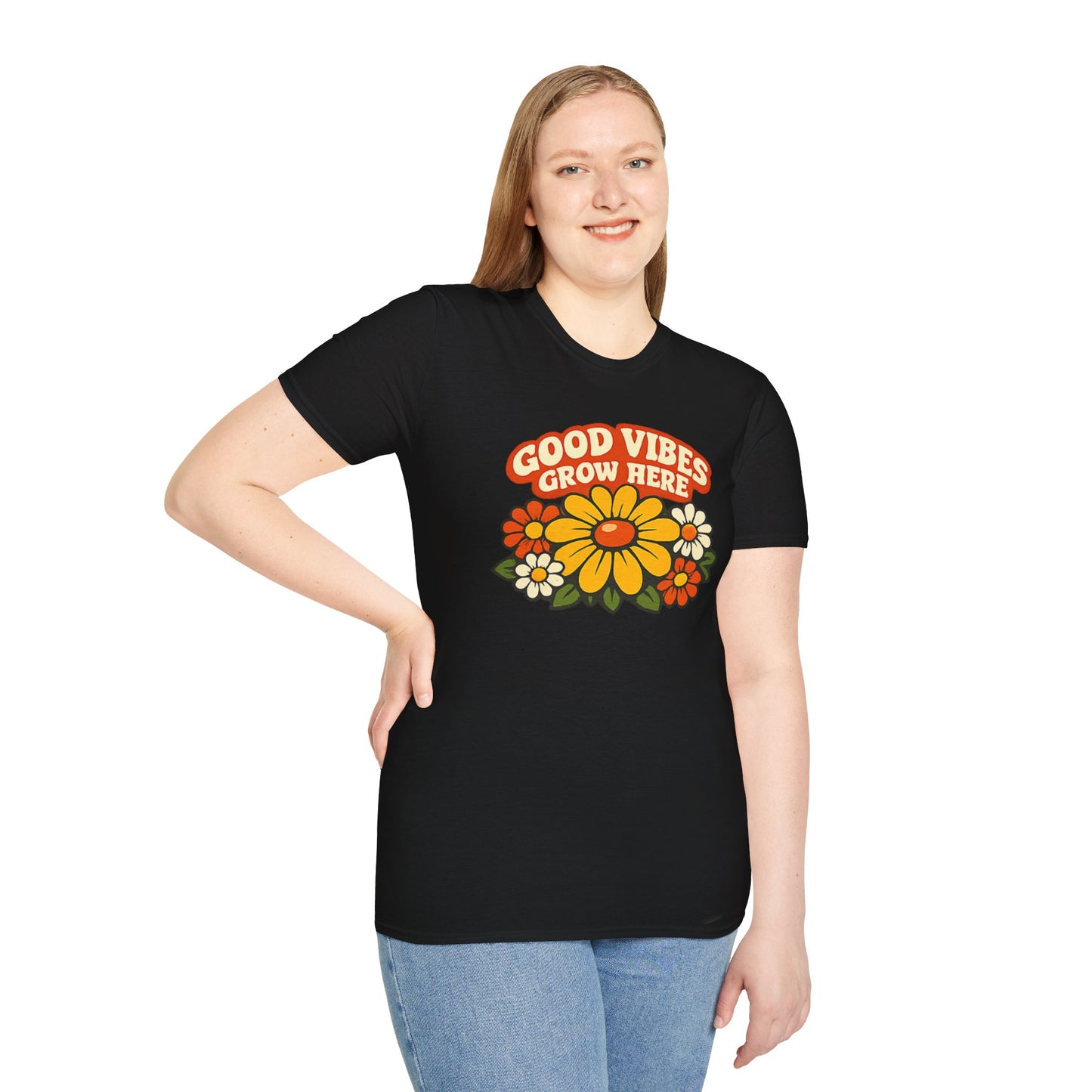 Good Vibes Grow Here Retro T-Shirt — 60s/70s Vintage Floral Tee
