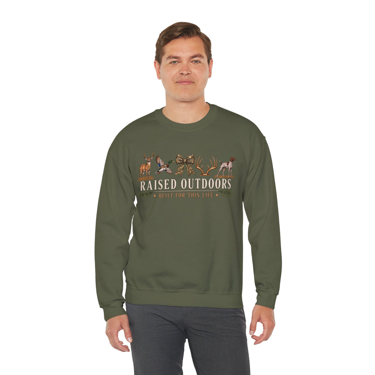 Raised Outdoors Crewneck Sweatshirt — Hunting & Nature Lovers Graphic