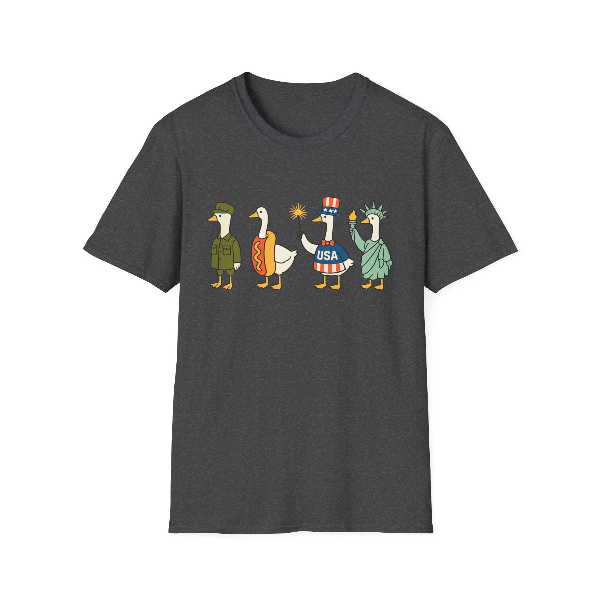 Americas 250th Patriotic Goose Parade T-Shirt — USA Hot Dog, Soldier & Statue of Liberty Graphic
