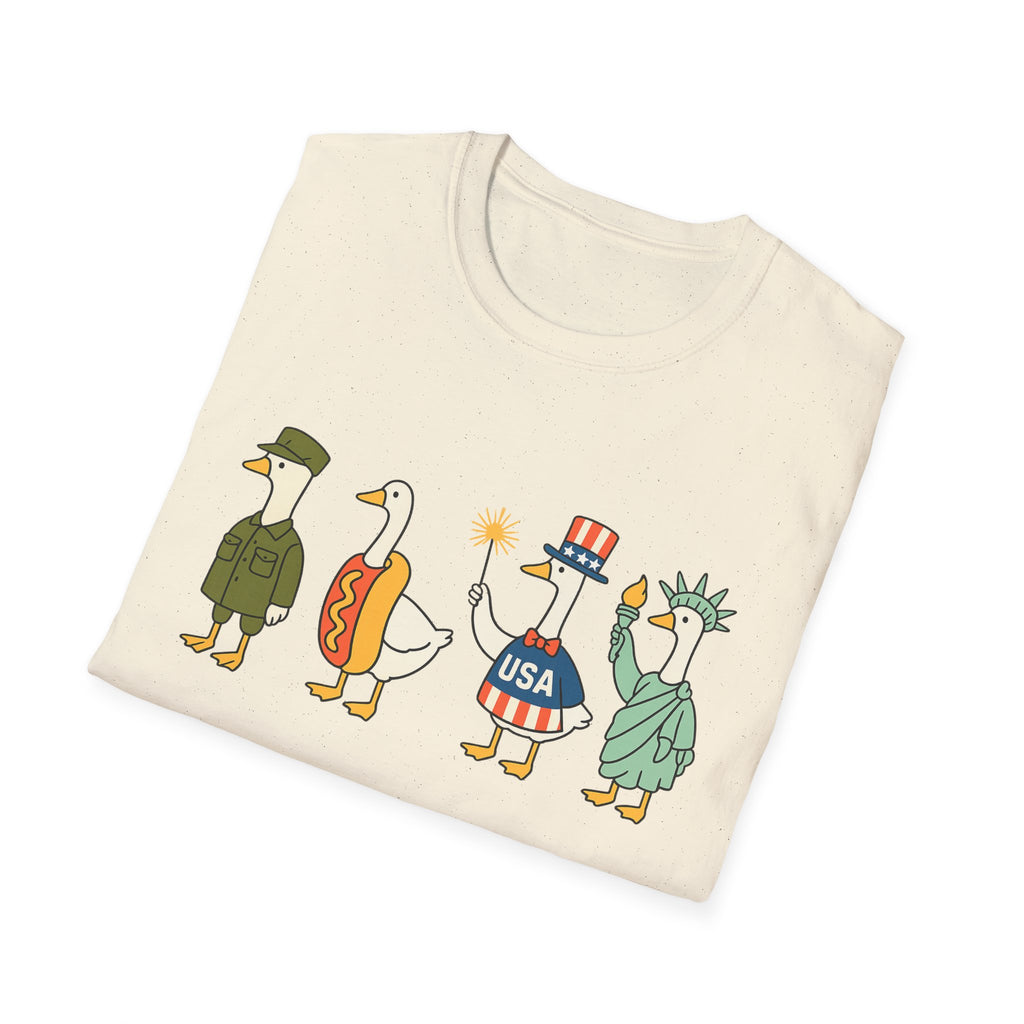 Americas 250th Patriotic Goose Parade T-Shirt — USA Hot Dog, Soldier & Statue of Liberty Graphic