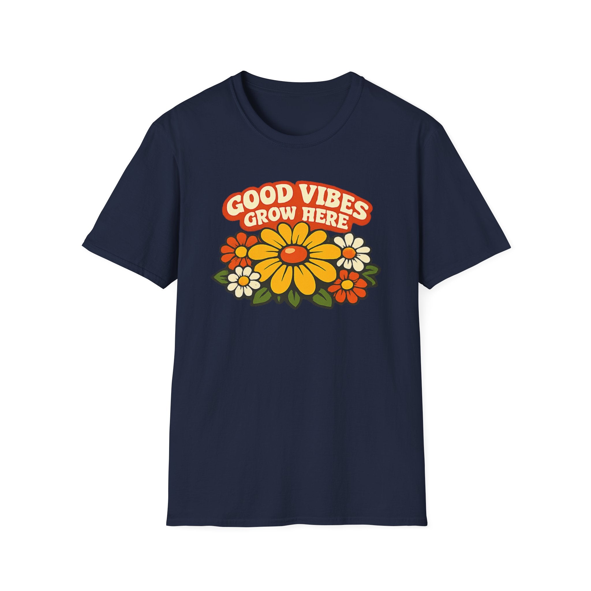 Good Vibes Grow Here Retro T-Shirt — 60s/70s Vintage Floral Tee
