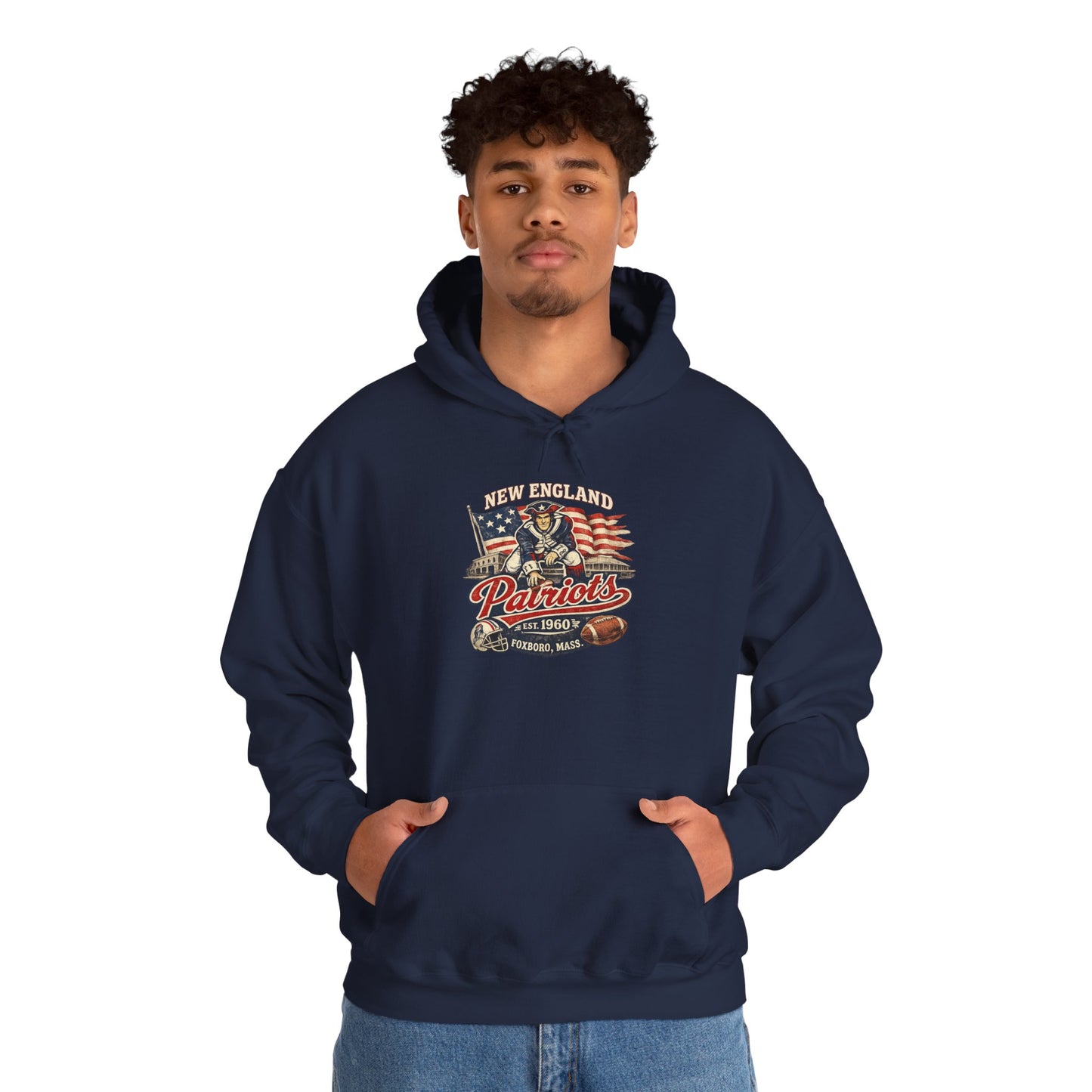 New England Patriots Vintage Football Hoodie – American Flag, Helmet & “Patriots” Graphic