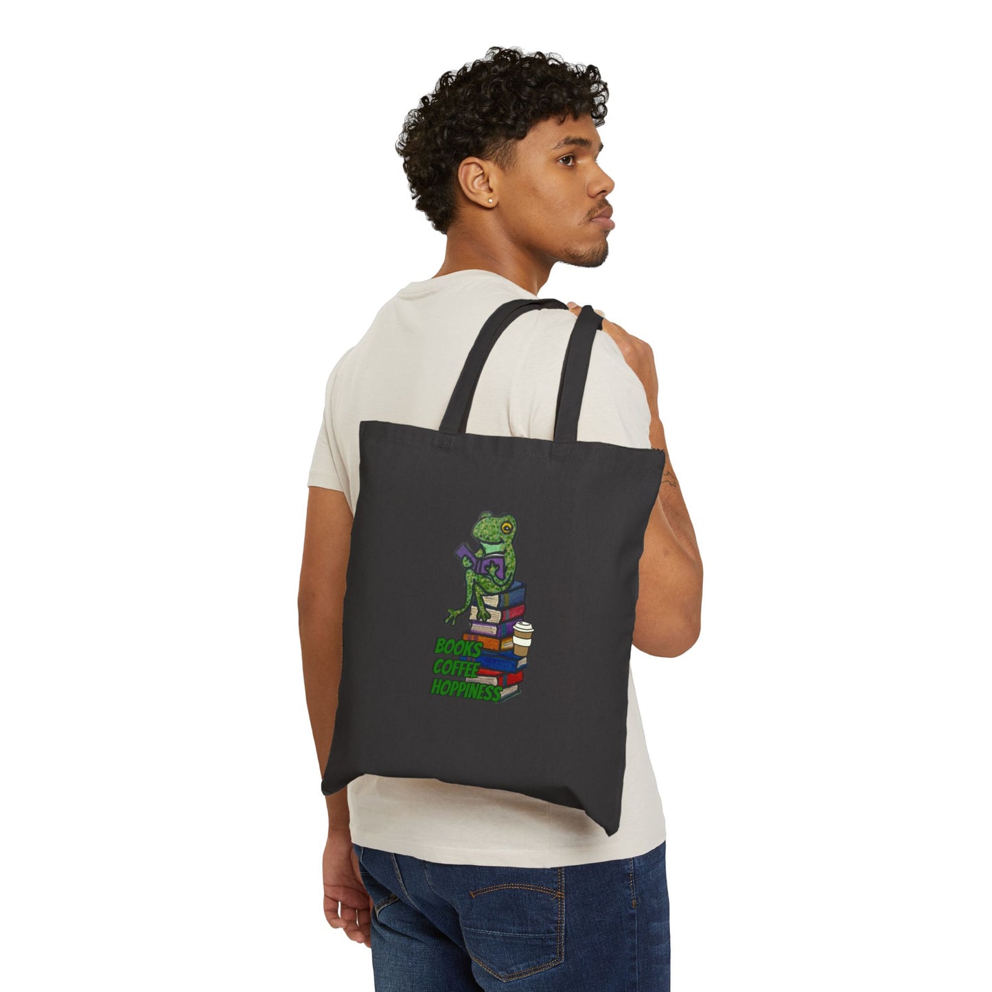 Books and Coffee Frog Cotton Canvas Tote Bag - Perfect for Book Lovers