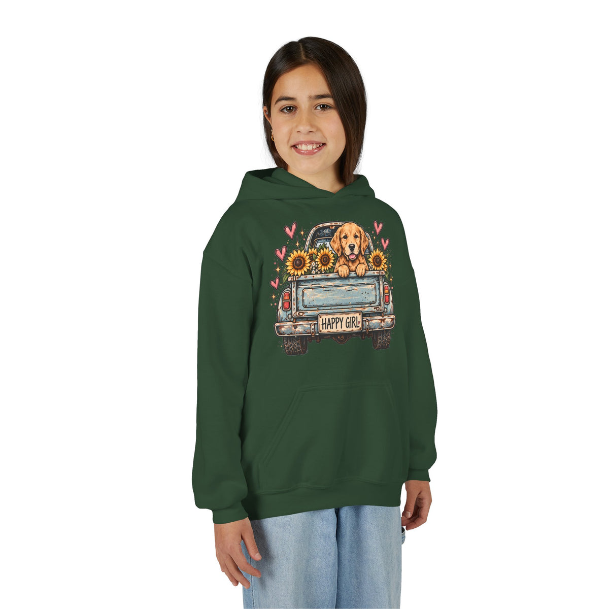 Happy Girl Golden Retriever & Pickup Kids Hoodie