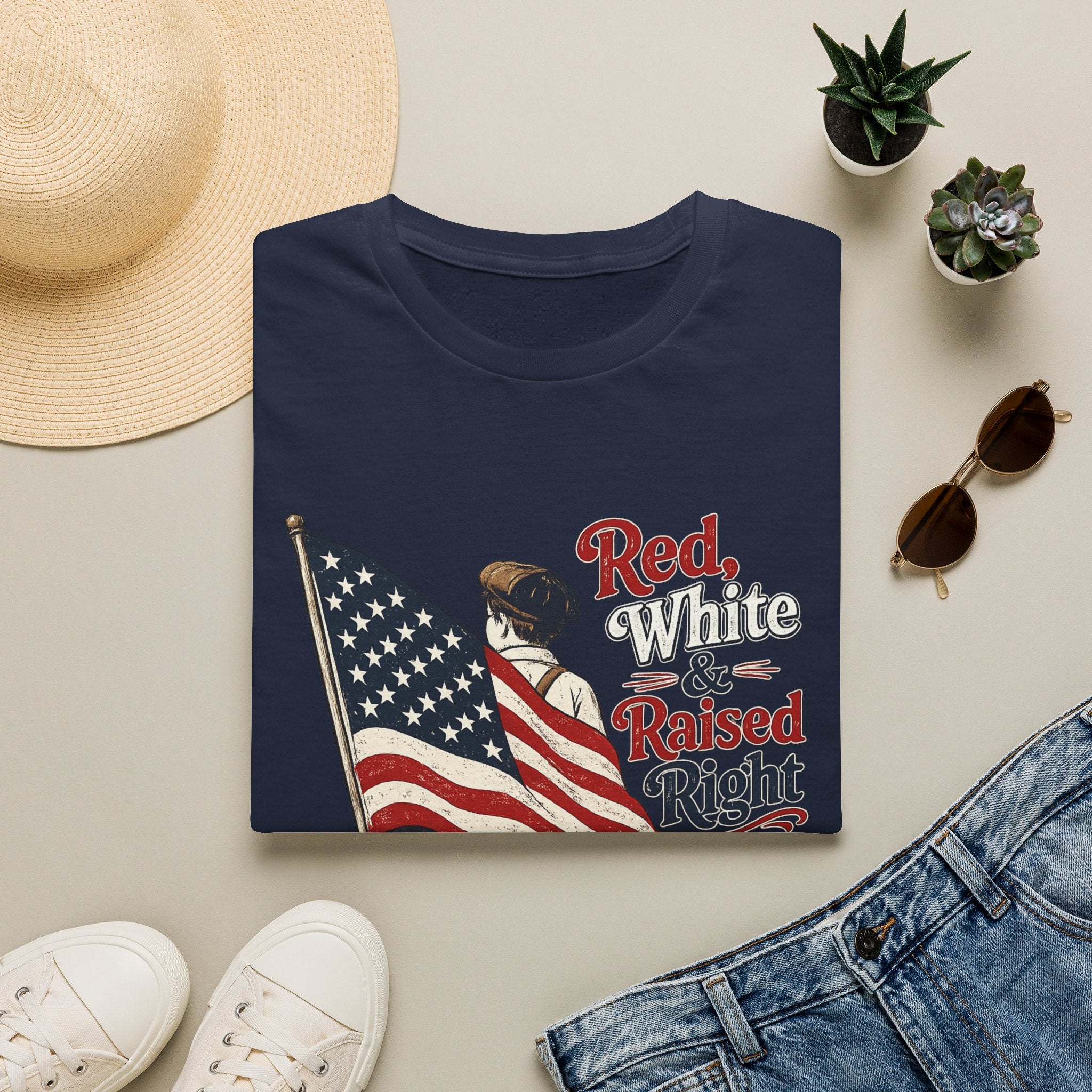 T-Shirt — "Red, White & Raised Right" Patriotic Flag Retro Tee