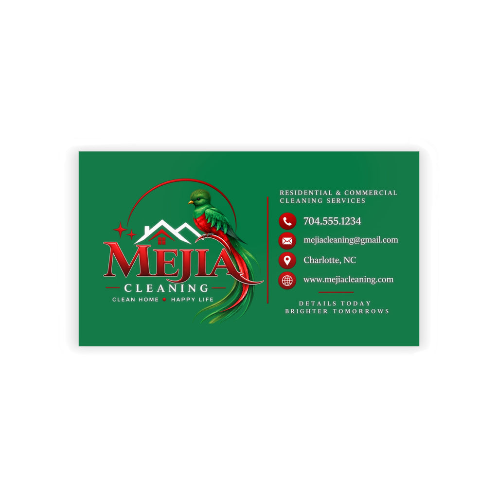 Green Business Cards — Mejia Cleaning Branded Parrot Logo Card