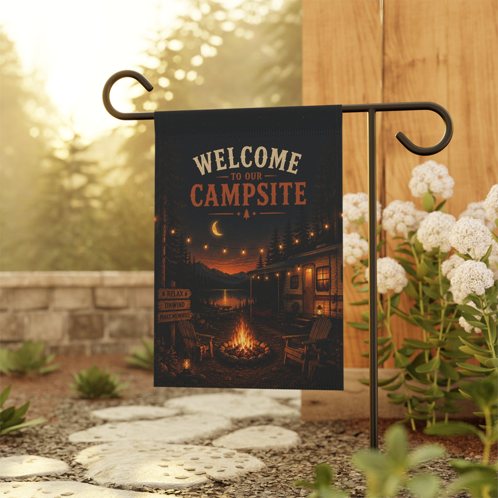 Welcome to Our Campsite Garden Flag — Outdoor Camping Nightfire House Banner