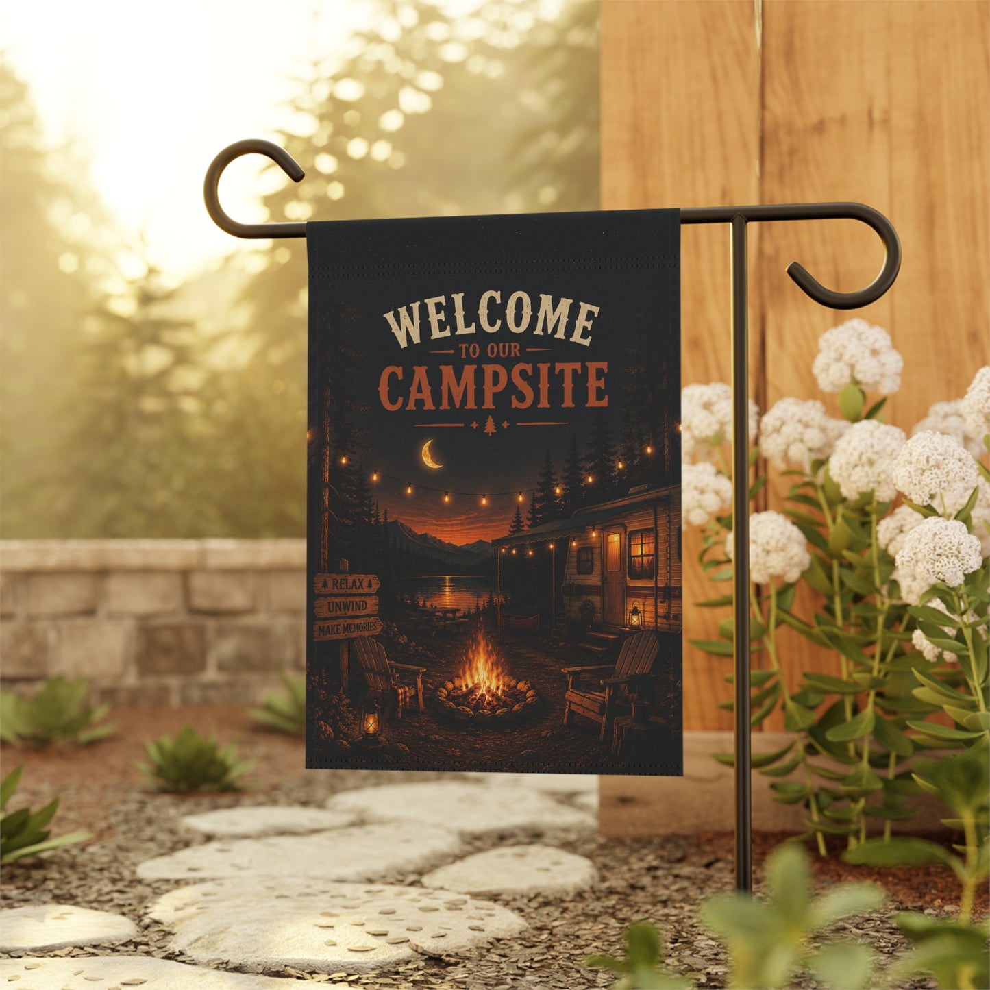 Welcome to Our Campsite Garden Flag — Outdoor Camping Nightfire House Banner