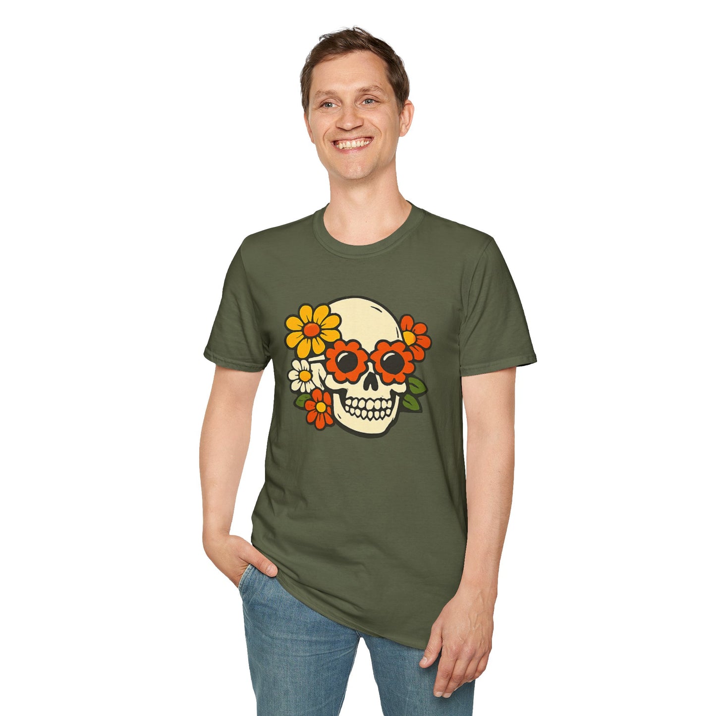 Retro Flower Power Skull T-Shirt — Vintage Floral Skull Tee