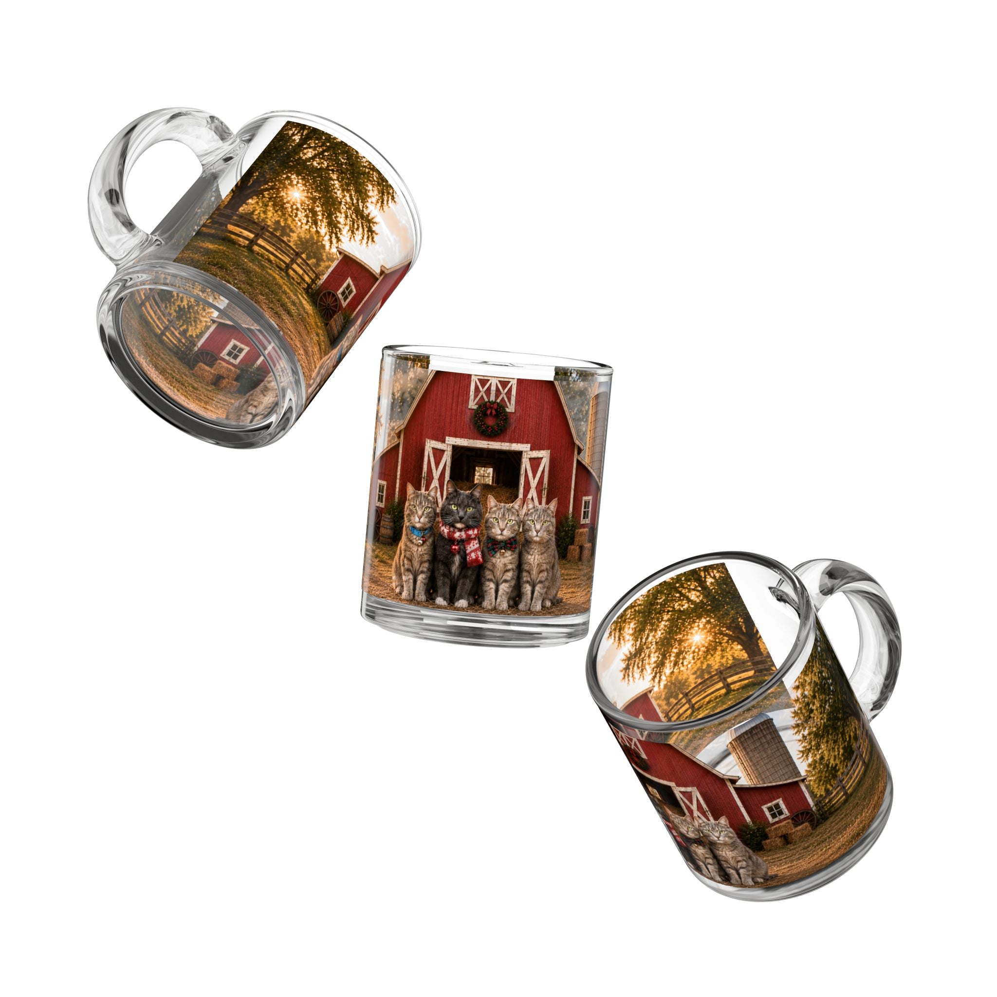 Glass Mug — Cozy Barn Cats 10oz | Farmhouse Holiday Coffee Cup