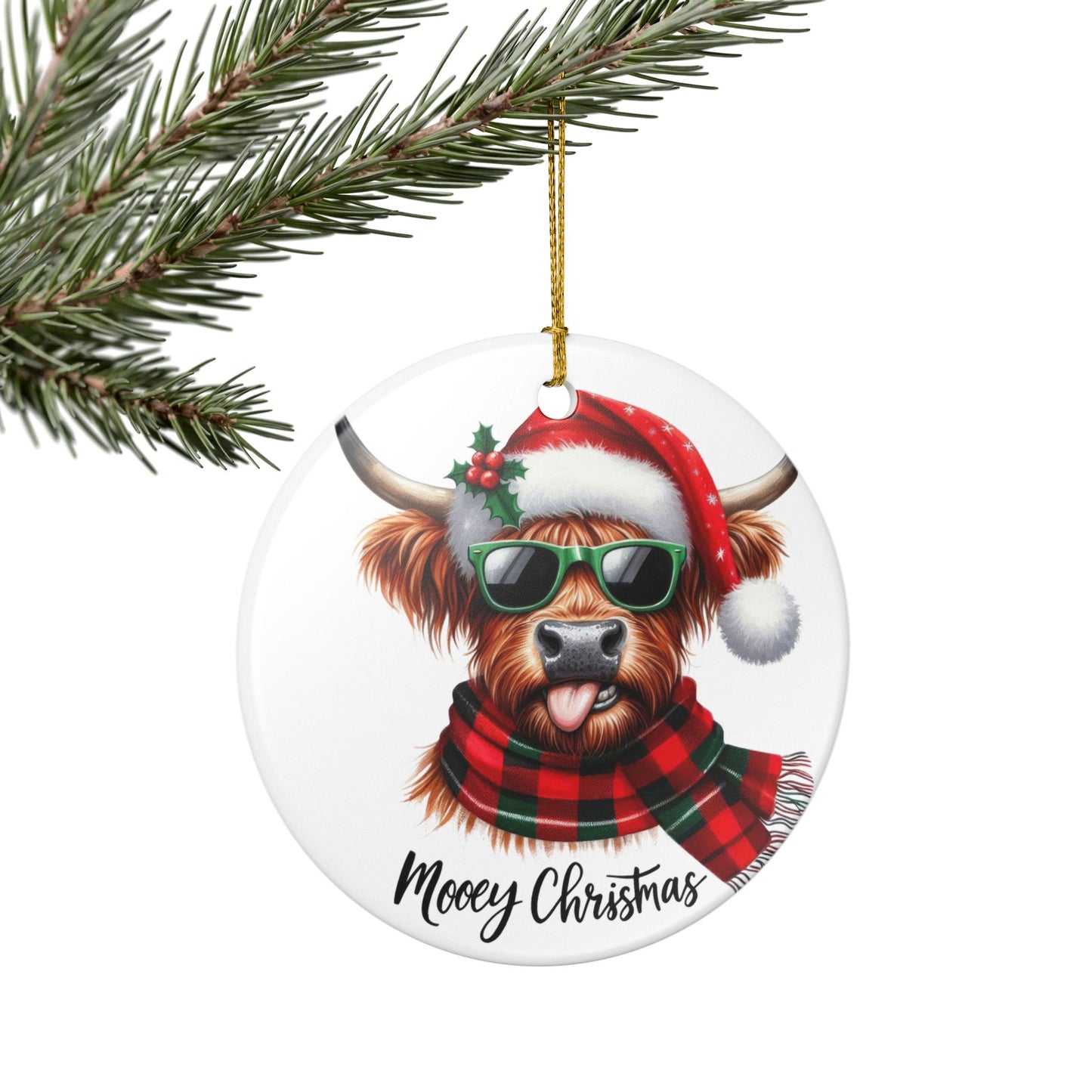 Highland Cow 'Mooey Christmas' Ceramic Ornament — Cute Holiday Tree Decoration