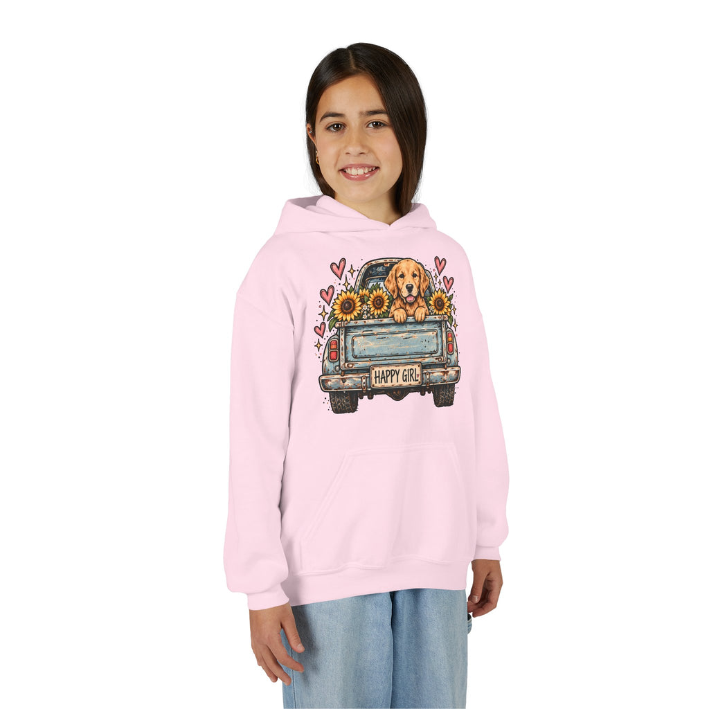 Happy Girl Golden Retriever & Pickup Kids Hoodie