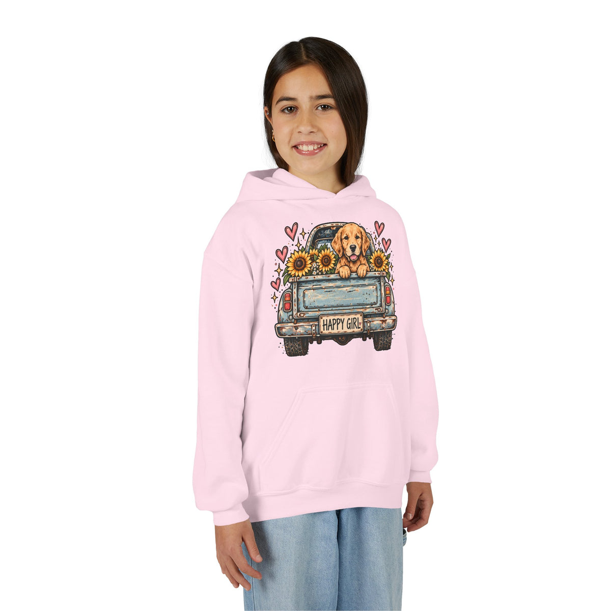 Happy Girl Golden Retriever & Pickup Kids Hoodie