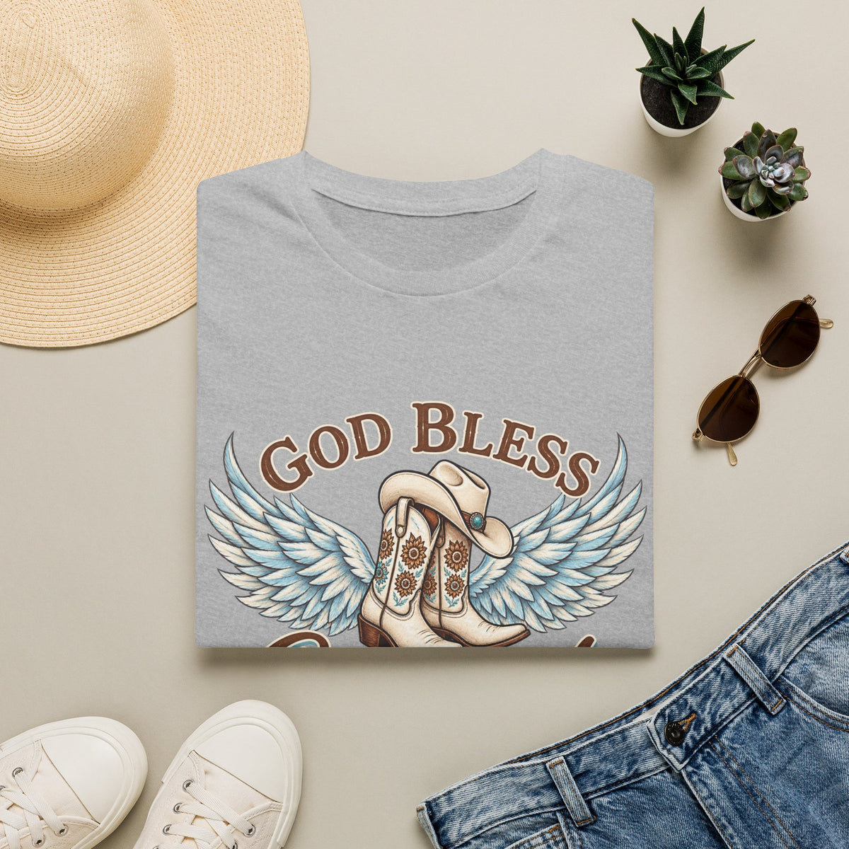 God Bless Cowgirls – Western Angel Wings Graphic Tee