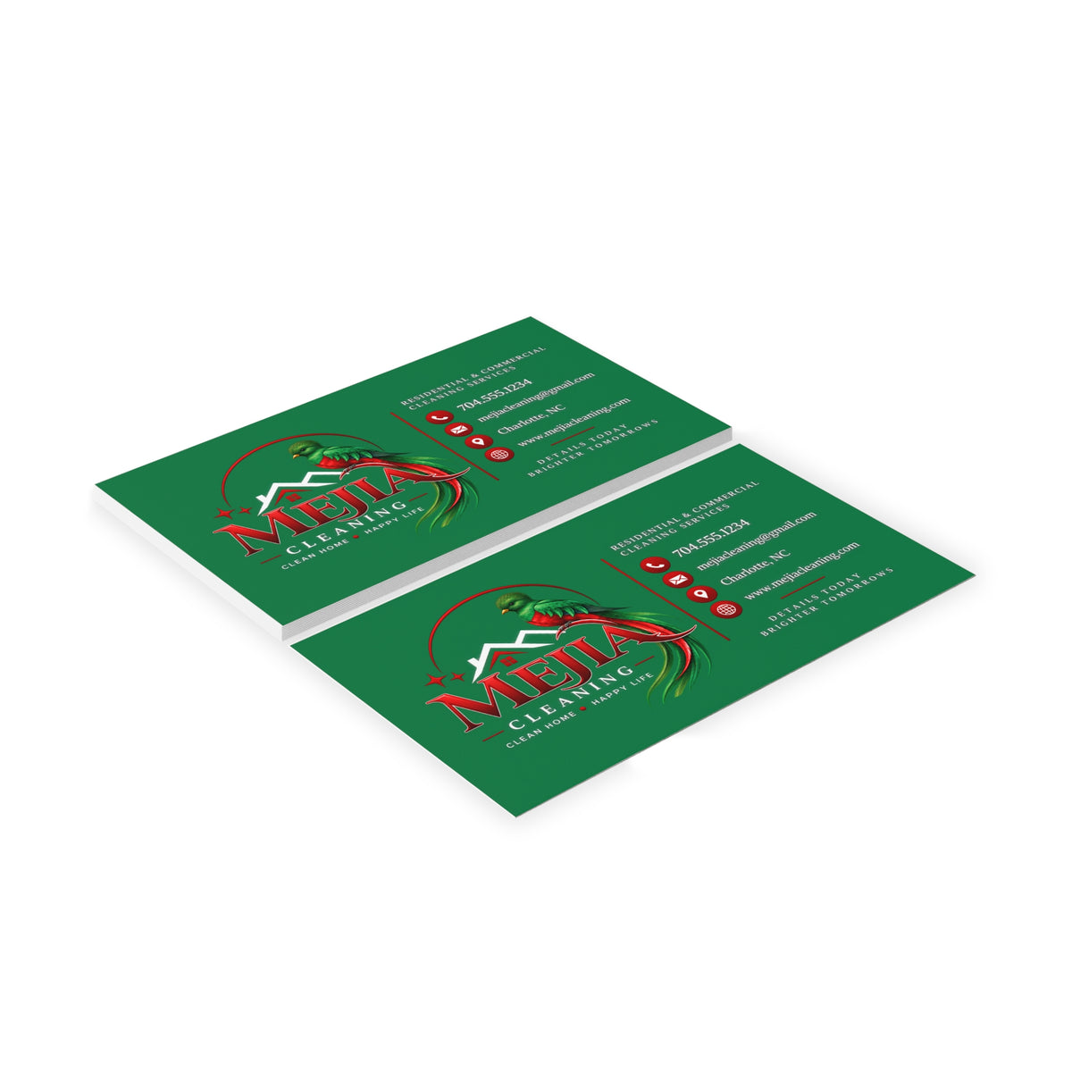 Green Business Cards — Mejia Cleaning Branded Parrot Logo Card