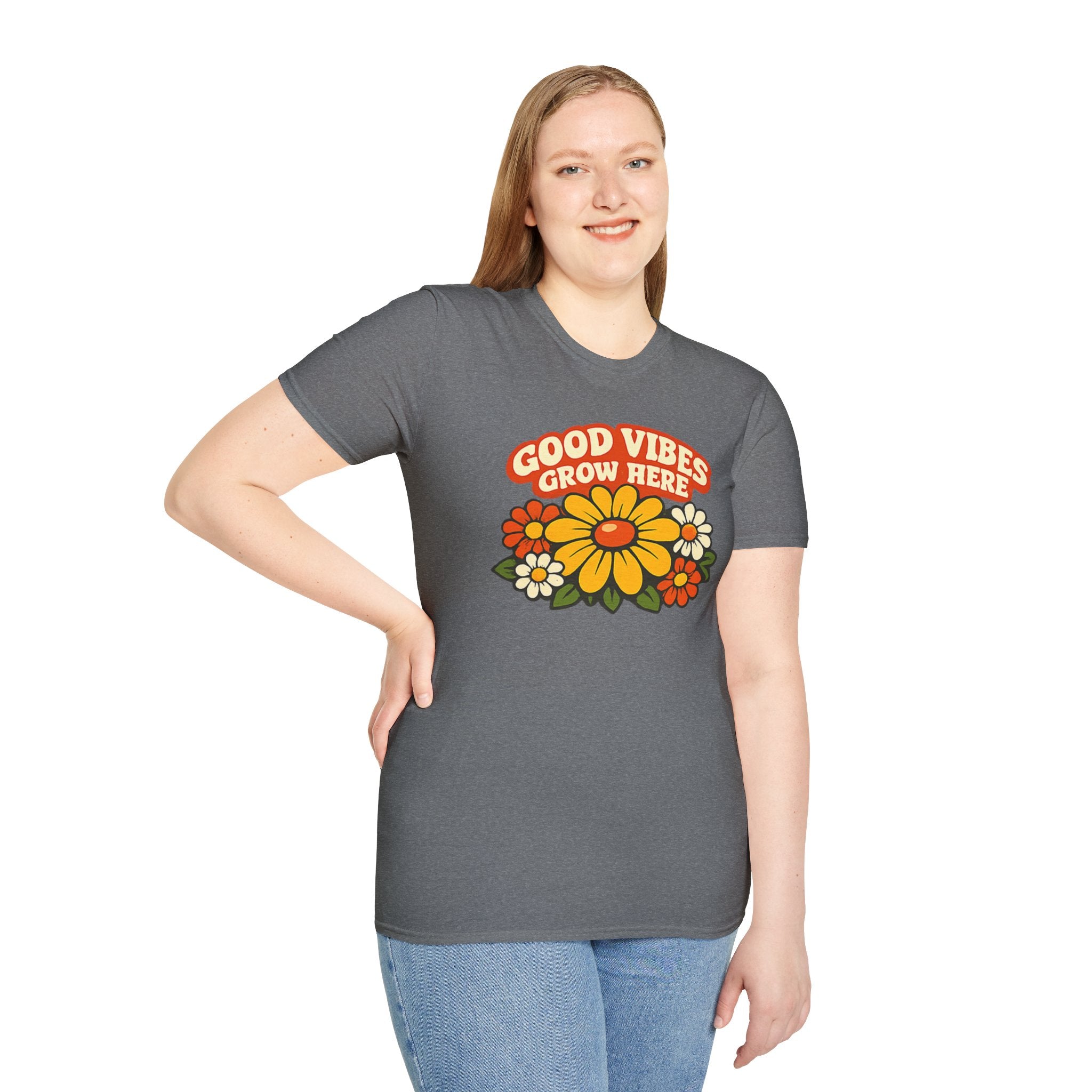 Good Vibes Grow Here Retro T-Shirt — 60s/70s Vintage Floral Tee