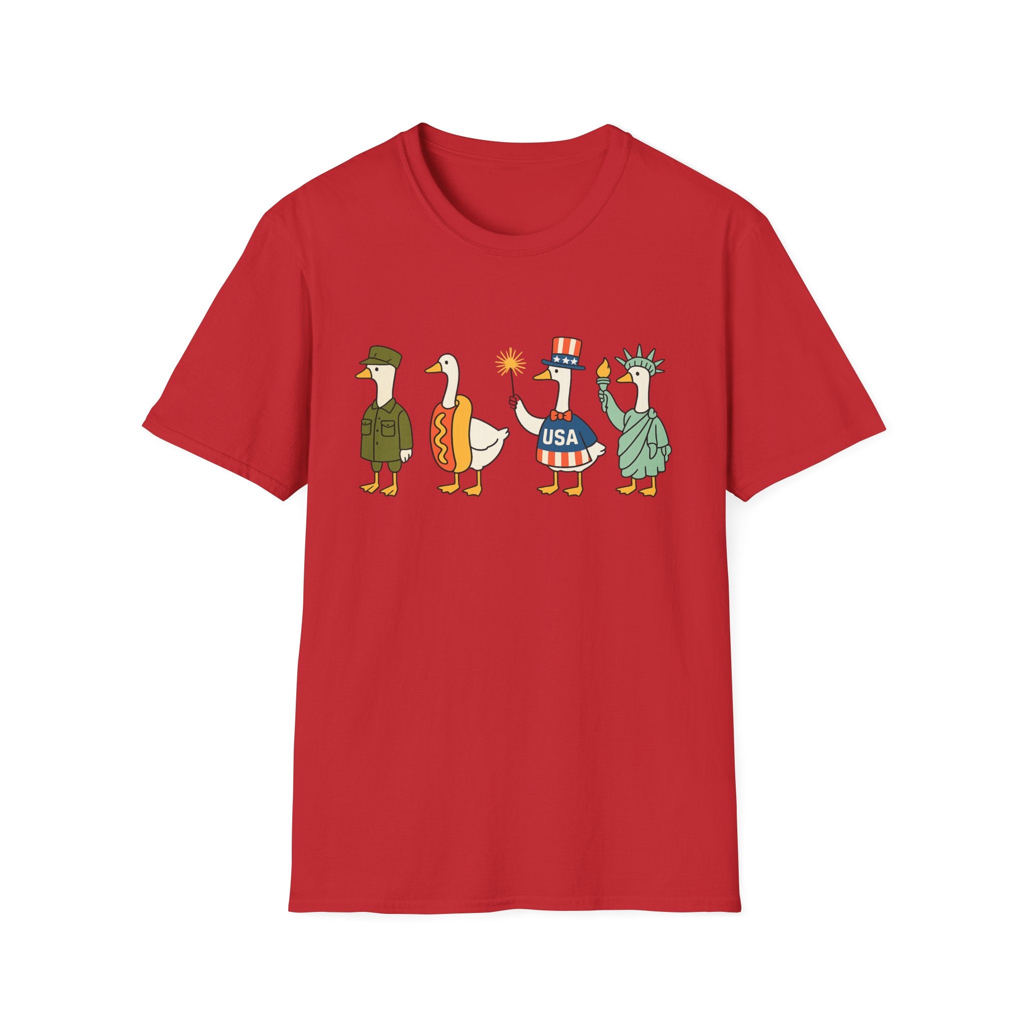 Americas 250th Patriotic Goose Parade T-Shirt — USA Hot Dog, Soldier & Statue of Liberty Graphic