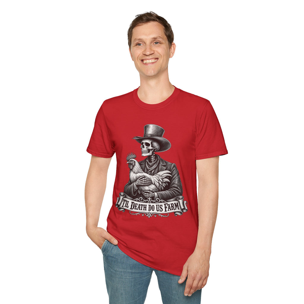 Til Death Do Us Farm – Skeleton & Chicken Funny Farm Tee 💀🐓