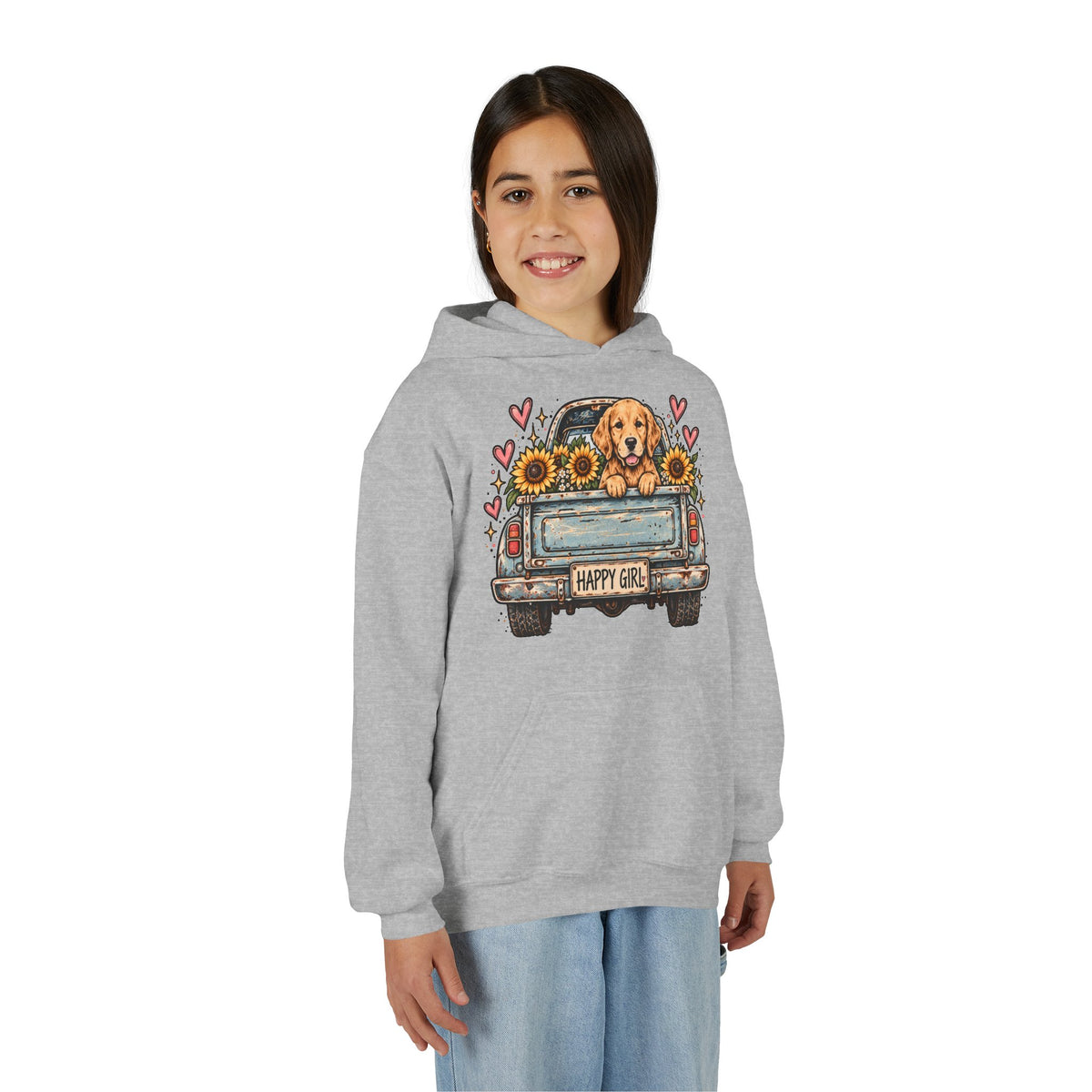 Happy Girl Golden Retriever & Pickup Kids Hoodie