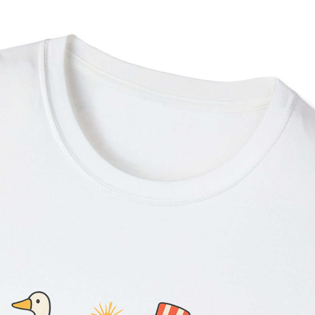 Americas 250th Patriotic Goose Parade T-Shirt — USA Hot Dog, Soldier & Statue of Liberty Graphic