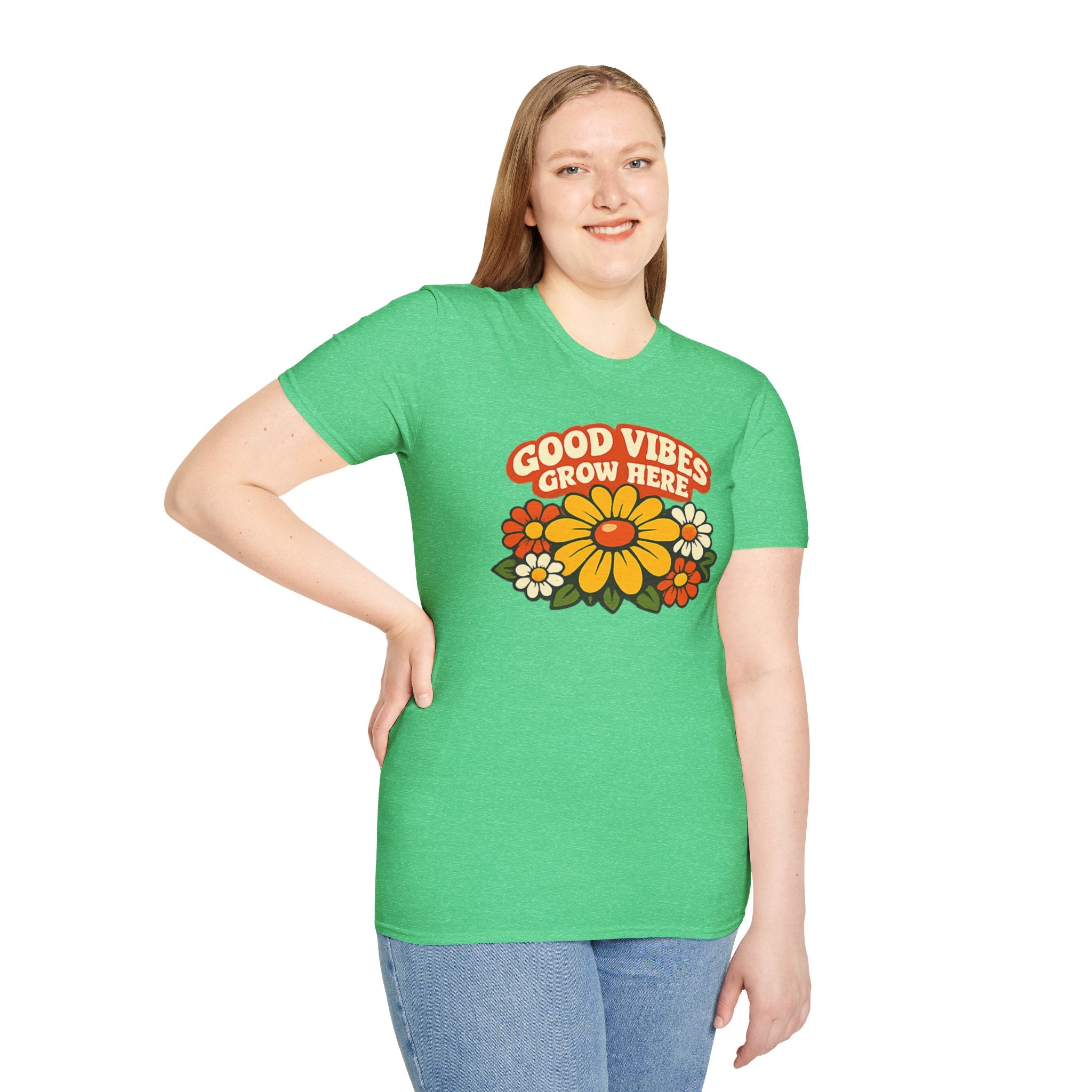 Good Vibes Grow Here Retro T-Shirt — 60s/70s Vintage Floral Tee