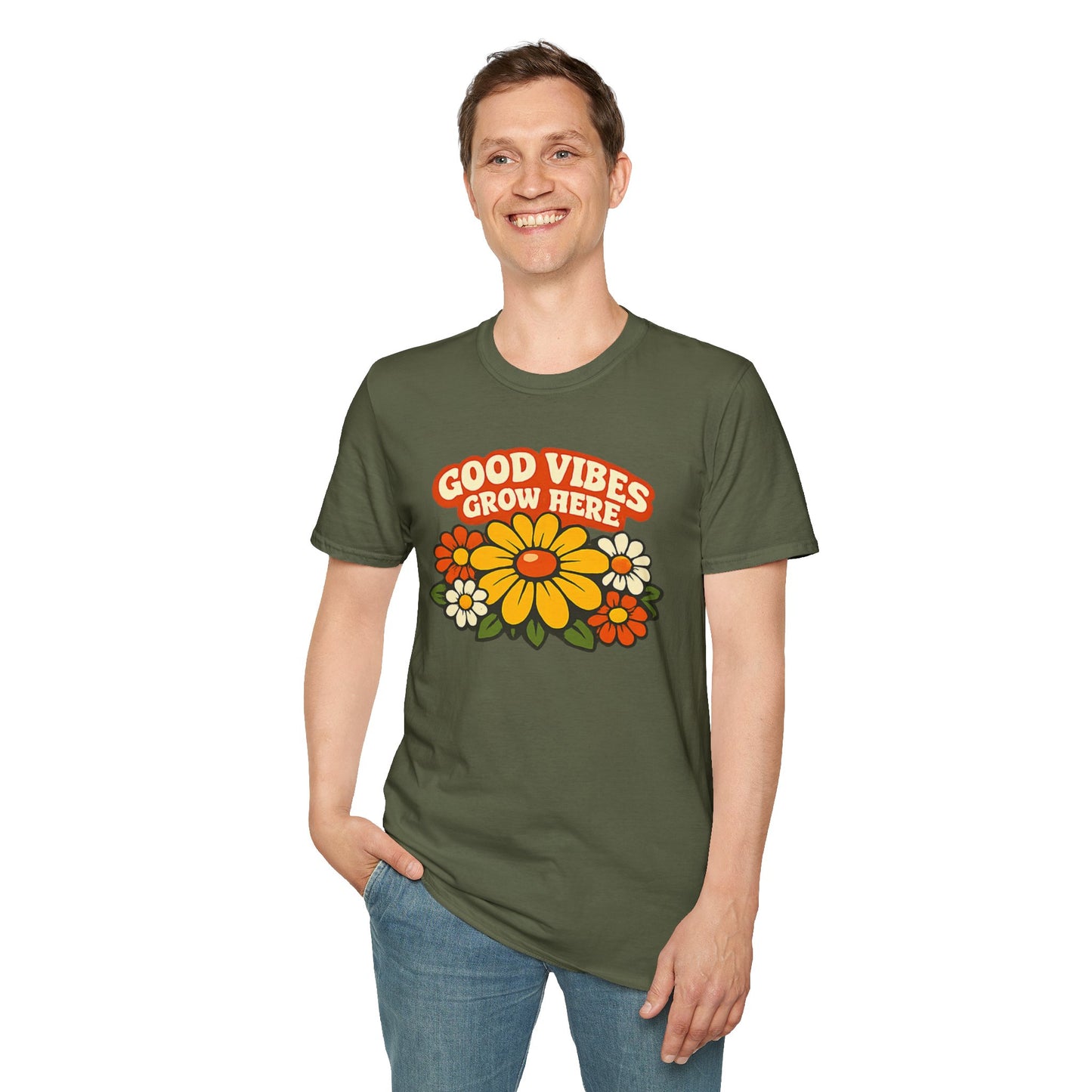 Good Vibes Grow Here Retro T-Shirt — 60s/70s Vintage Floral Tee