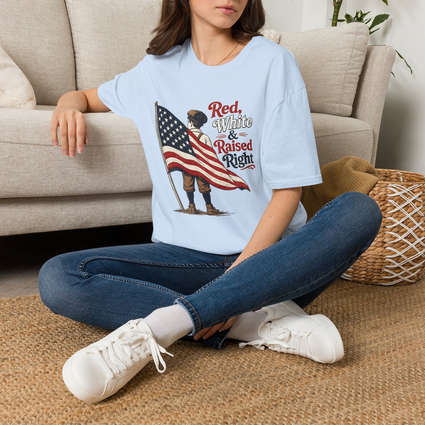 T-Shirt — "Red, White & Raised Right" Patriotic Flag Kids Retro Tee