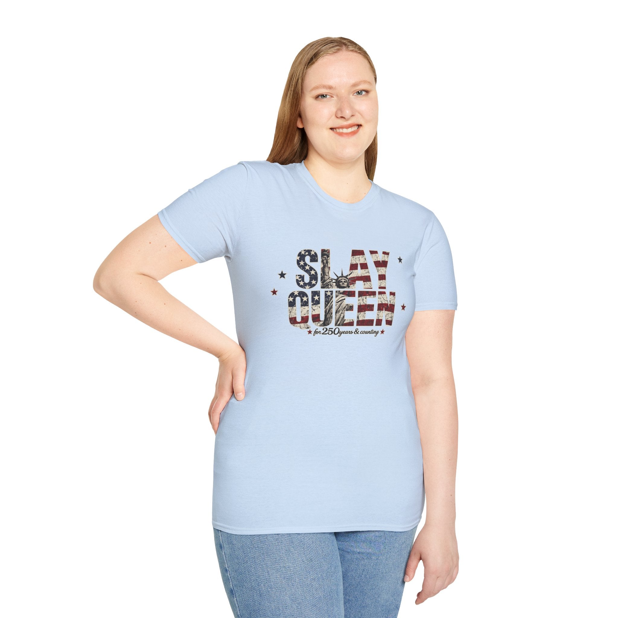Slay Queen T‑Shirt — American Flag Statue of Liberty Patriotic Graphic Tee