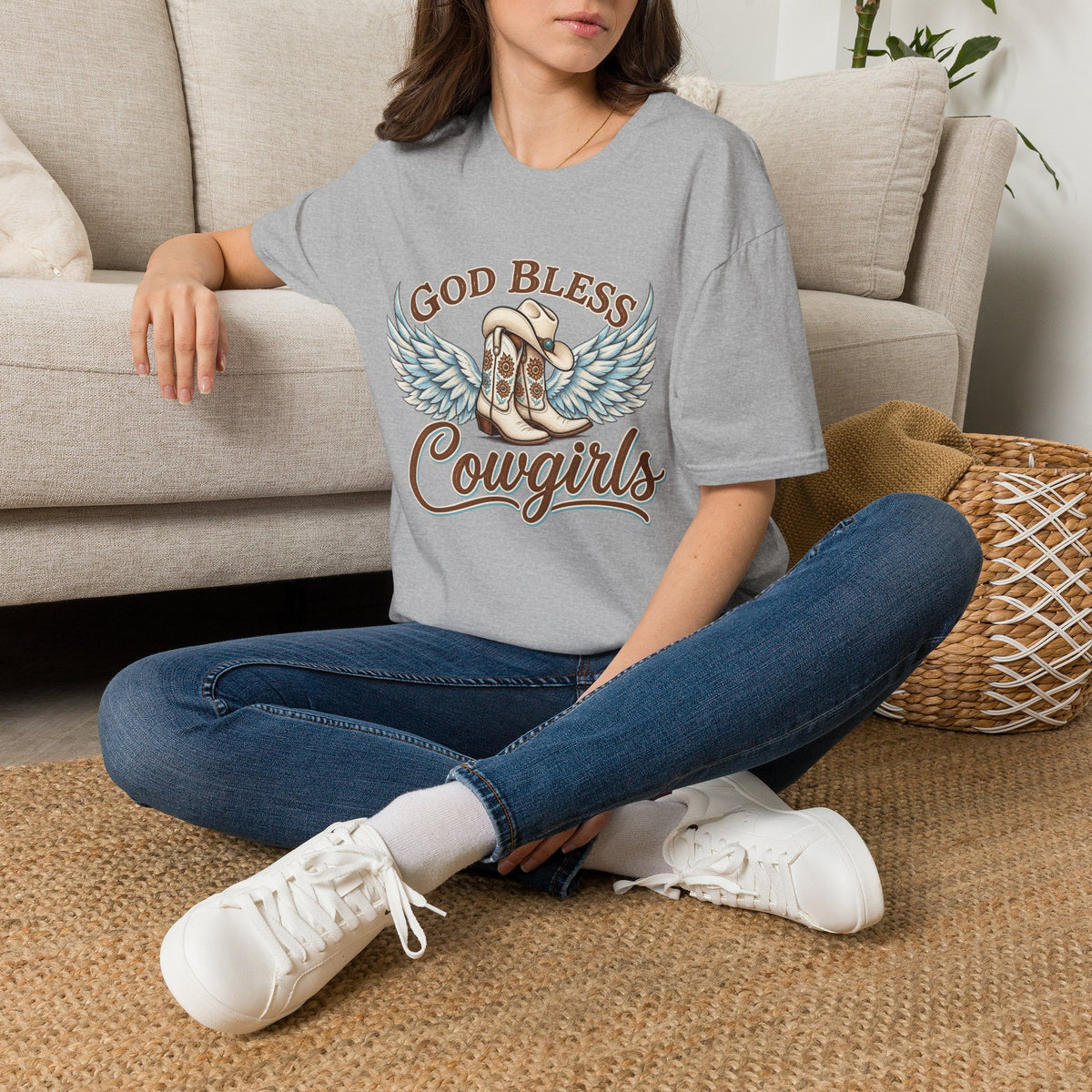 God Bless Cowgirls – Western Angel Wings Graphic Tee