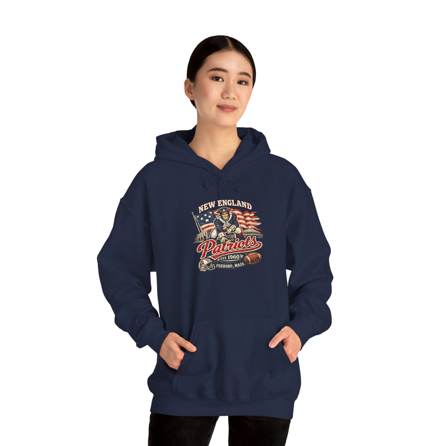 New England Patriots Vintage Football Hoodie – American Flag, Helmet & “Patriots” Graphic