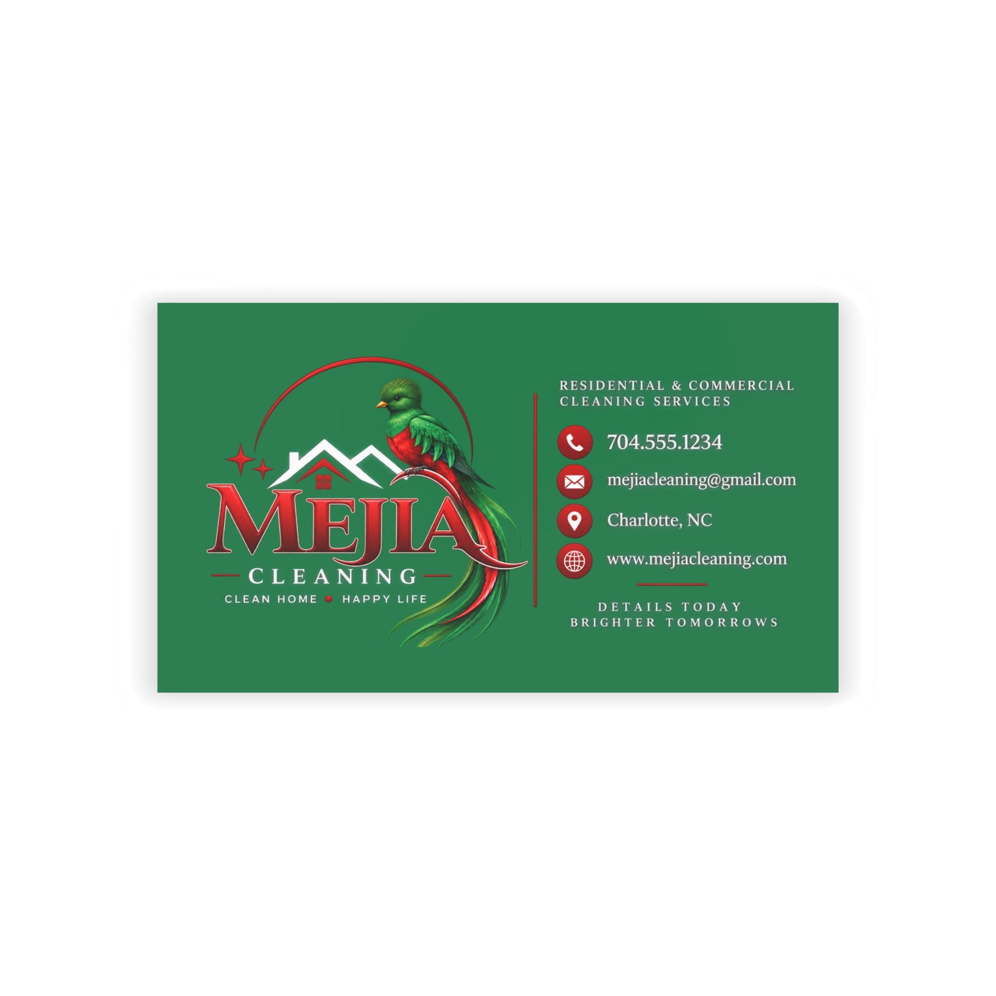 Green Business Cards — Mejia Cleaning Branded Parrot Logo Card